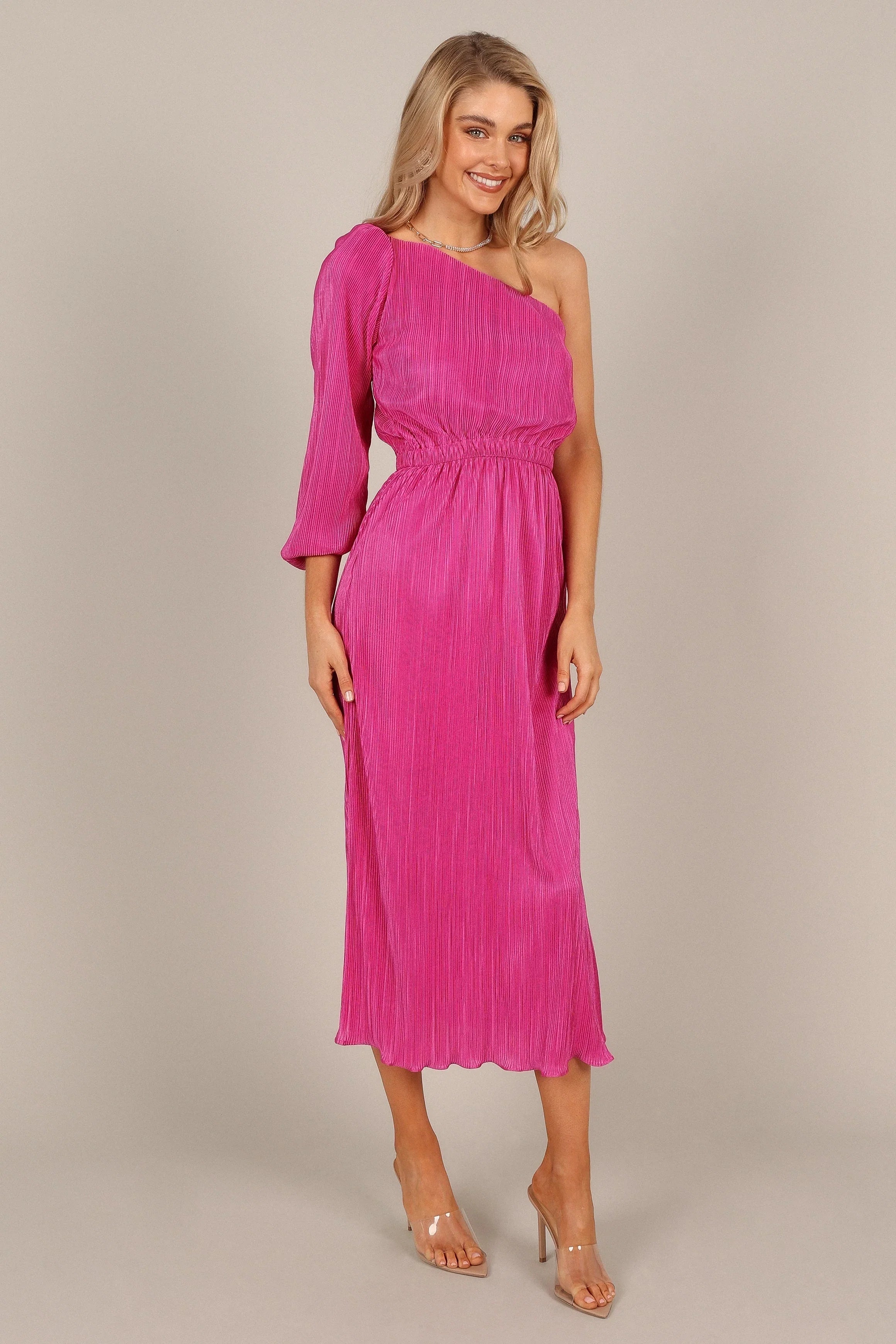 Pontee One Shoulder Pleated Midi Dress Orchid