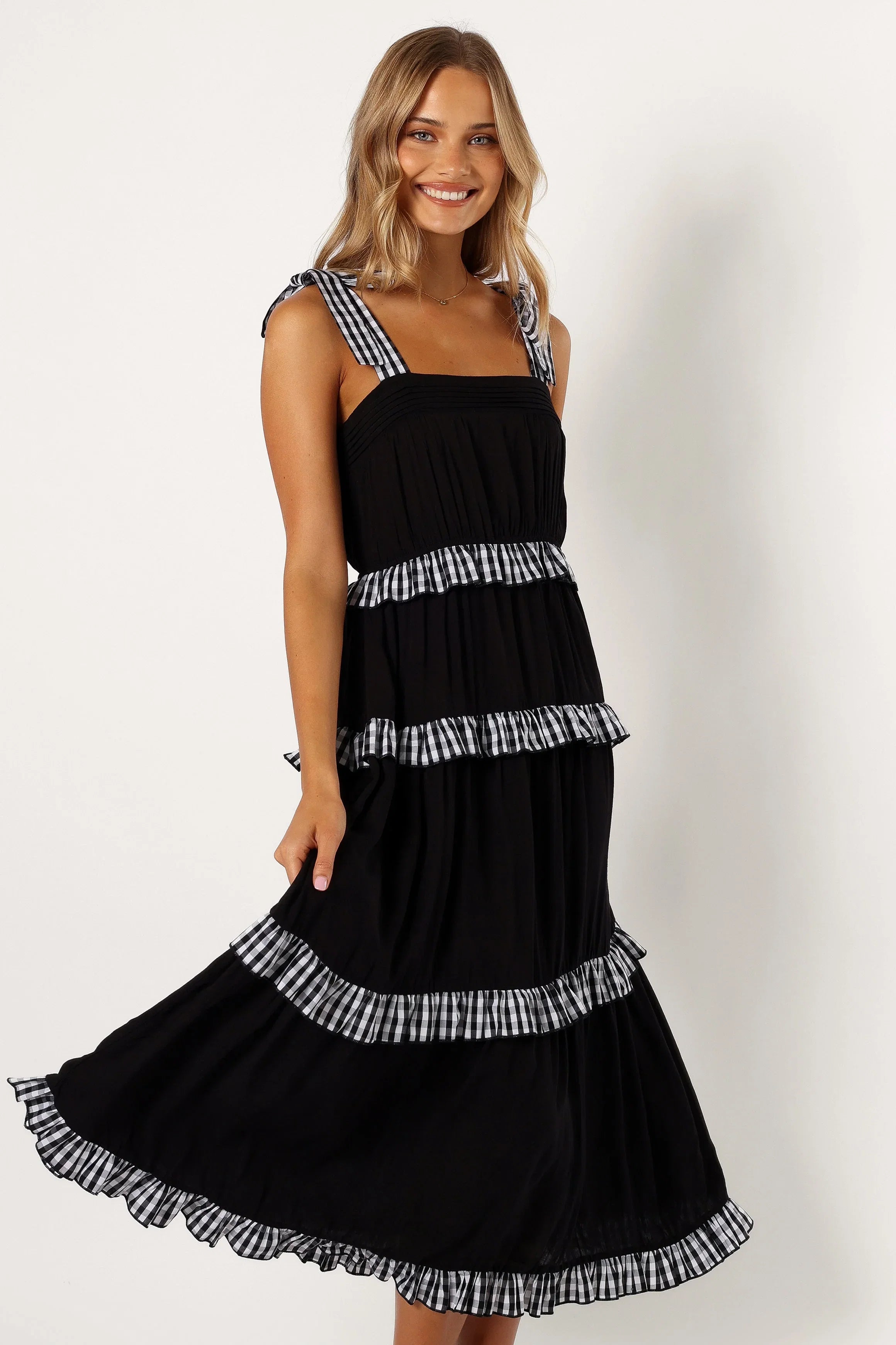 Chanty Tiered Midi Dress Black Gingham