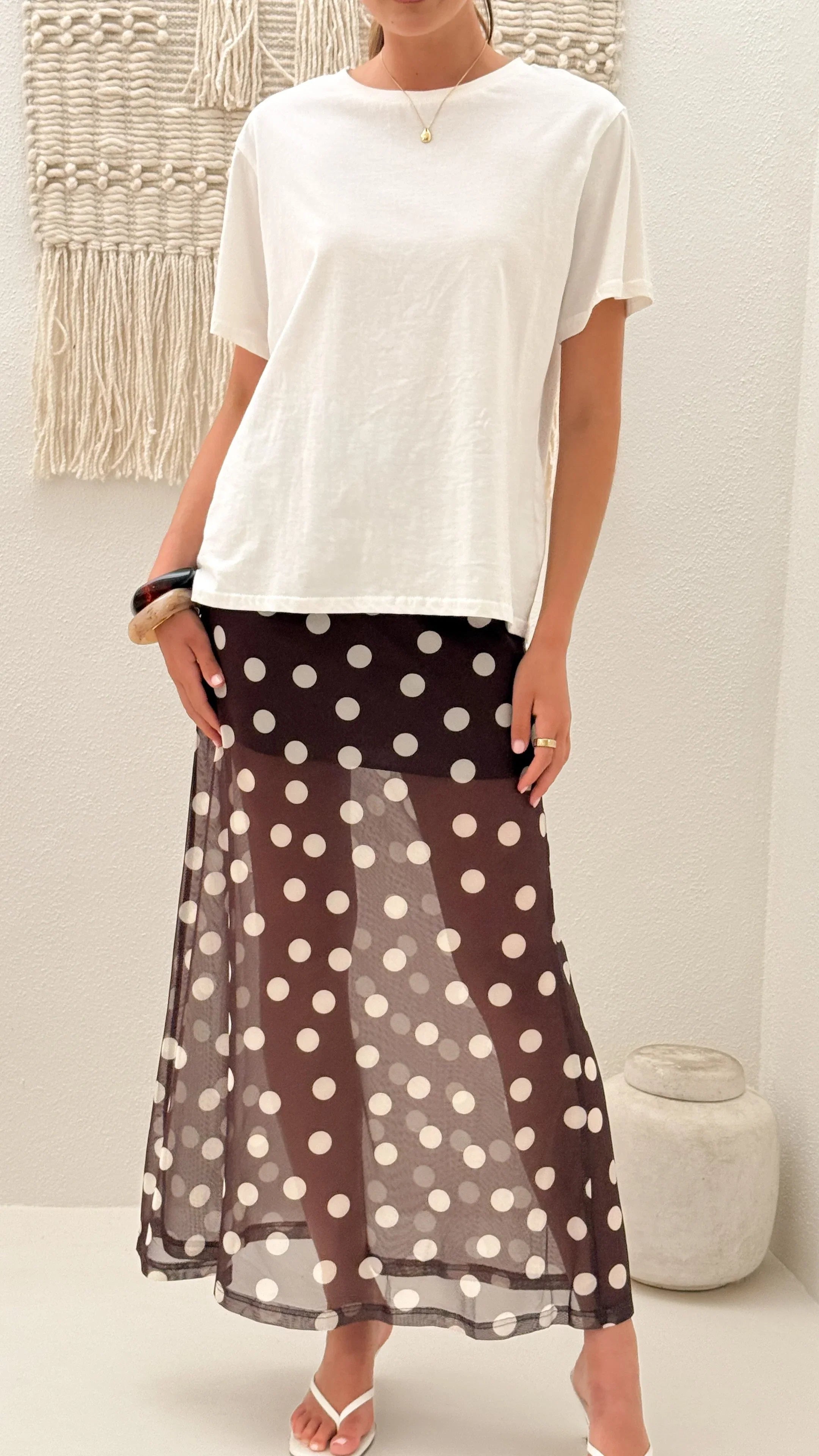 Onella Semi Sheer Maxi Skirt Chocolate White Polka Dot