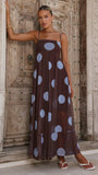 Melinda Mesh Maxi Dress Brown Blue Polka Dot