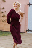 Pontee One Shoulder Pleated Midi Dress Burgundy