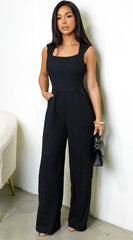 Priya Square Neck Sleeveless Textured Jumpsuit Black