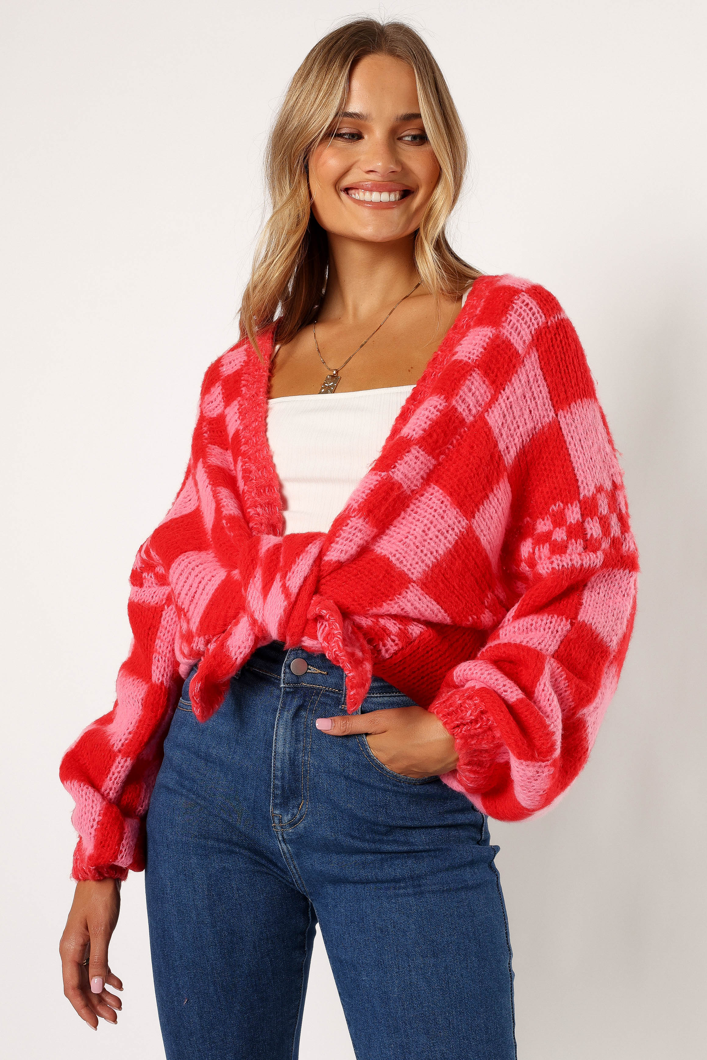 Davina Pattern Open Front Cardigan Red Pink