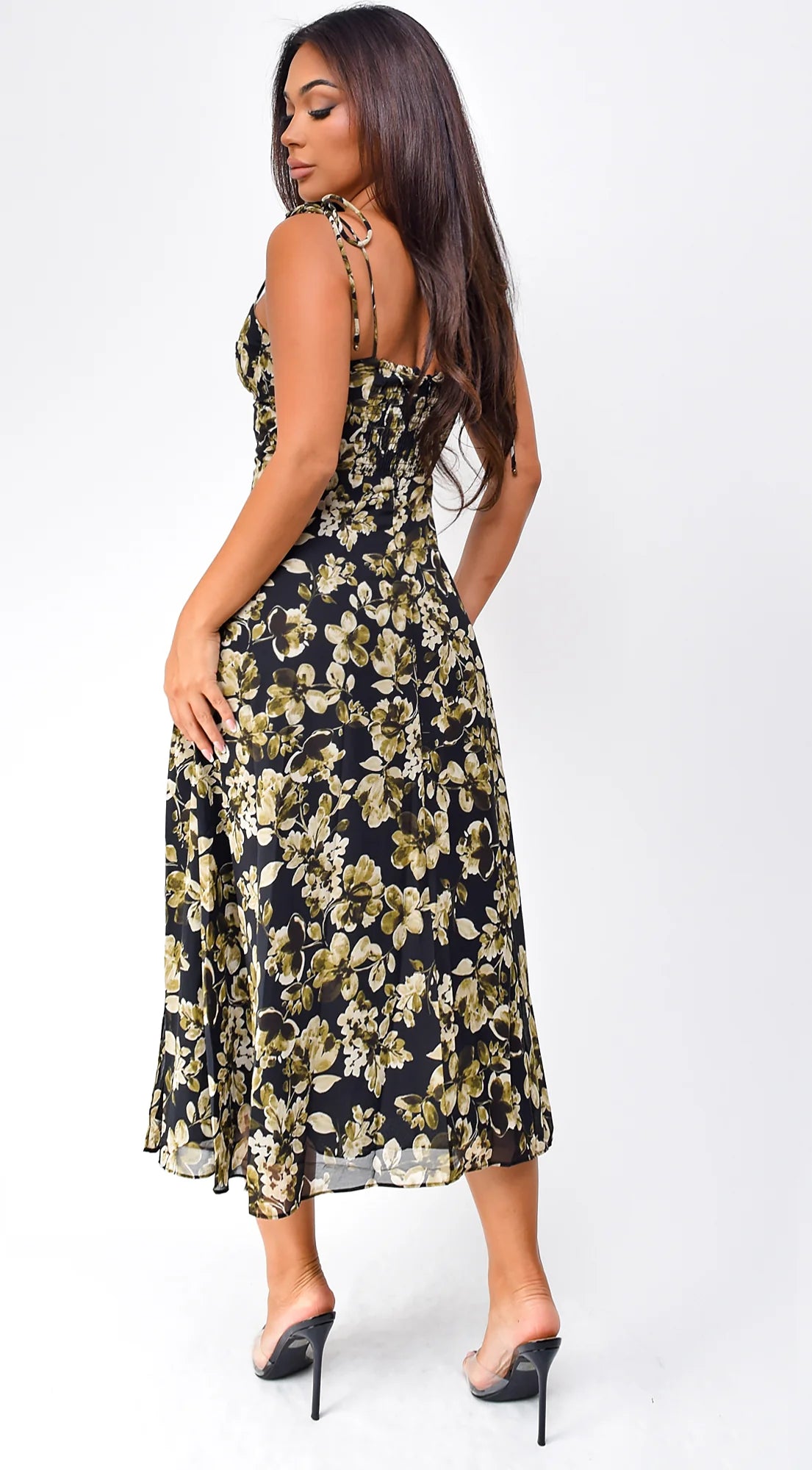 Nikkie Floral Print Side Slit Midi Dress Black