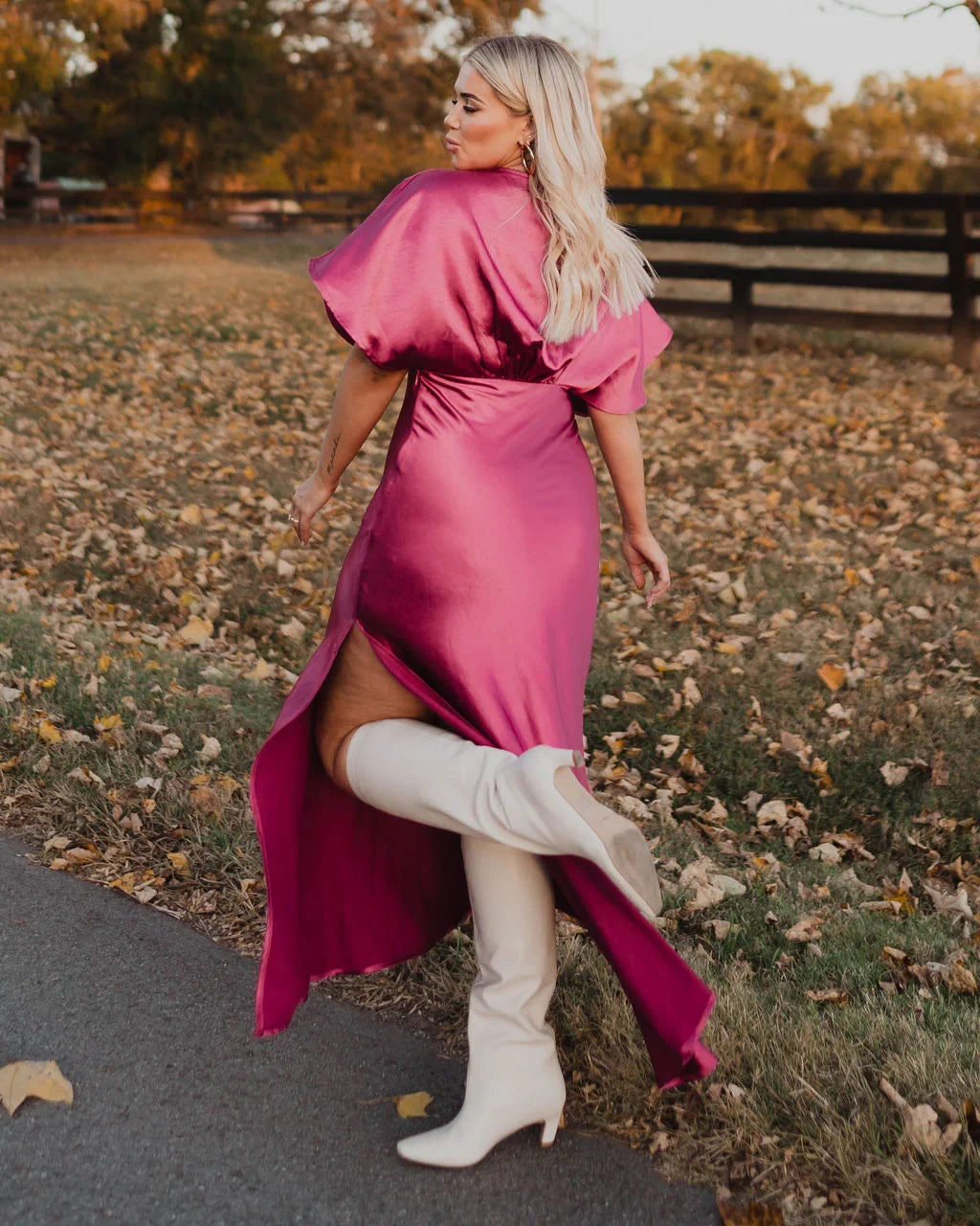 Theia Satin V Neck Maxi Dress