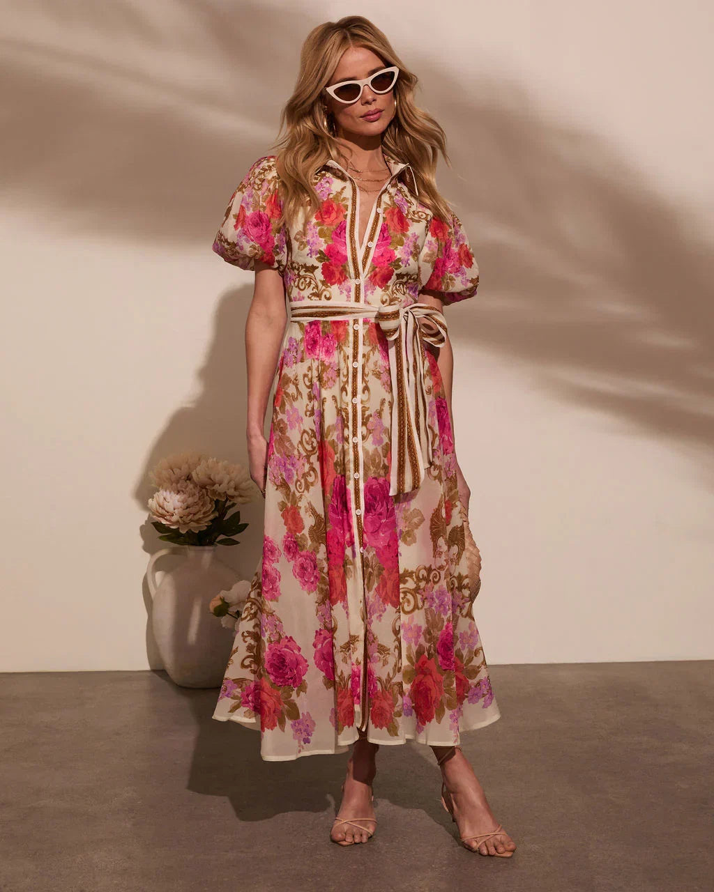 Meadowlane Floral Waist Tie Midi Dress