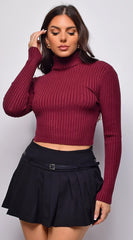 Astraia Basic Turtle Neck Crop Ribbed Sweater Top Burgundy