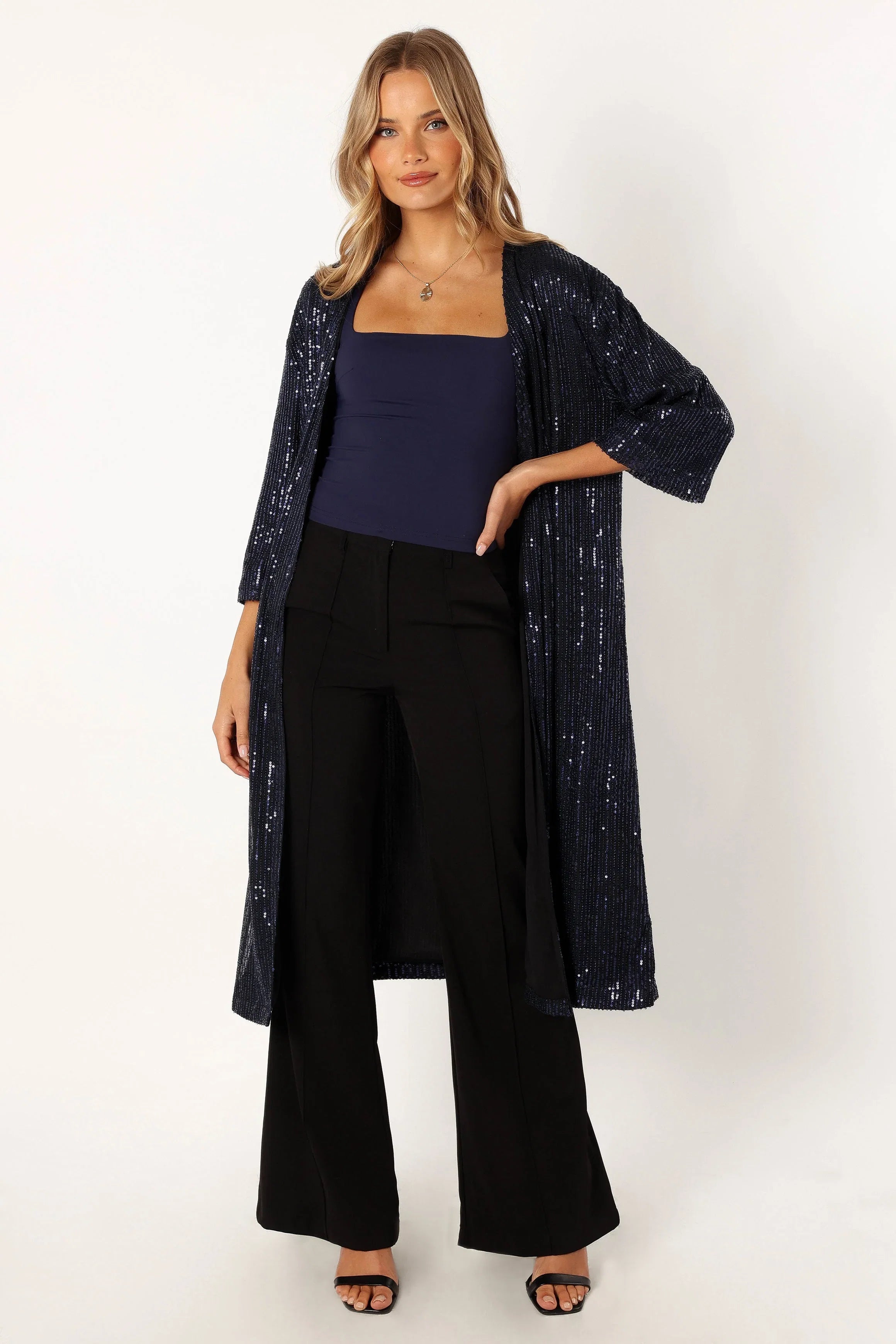 Karsyn Open Front Sequin Duster Navy