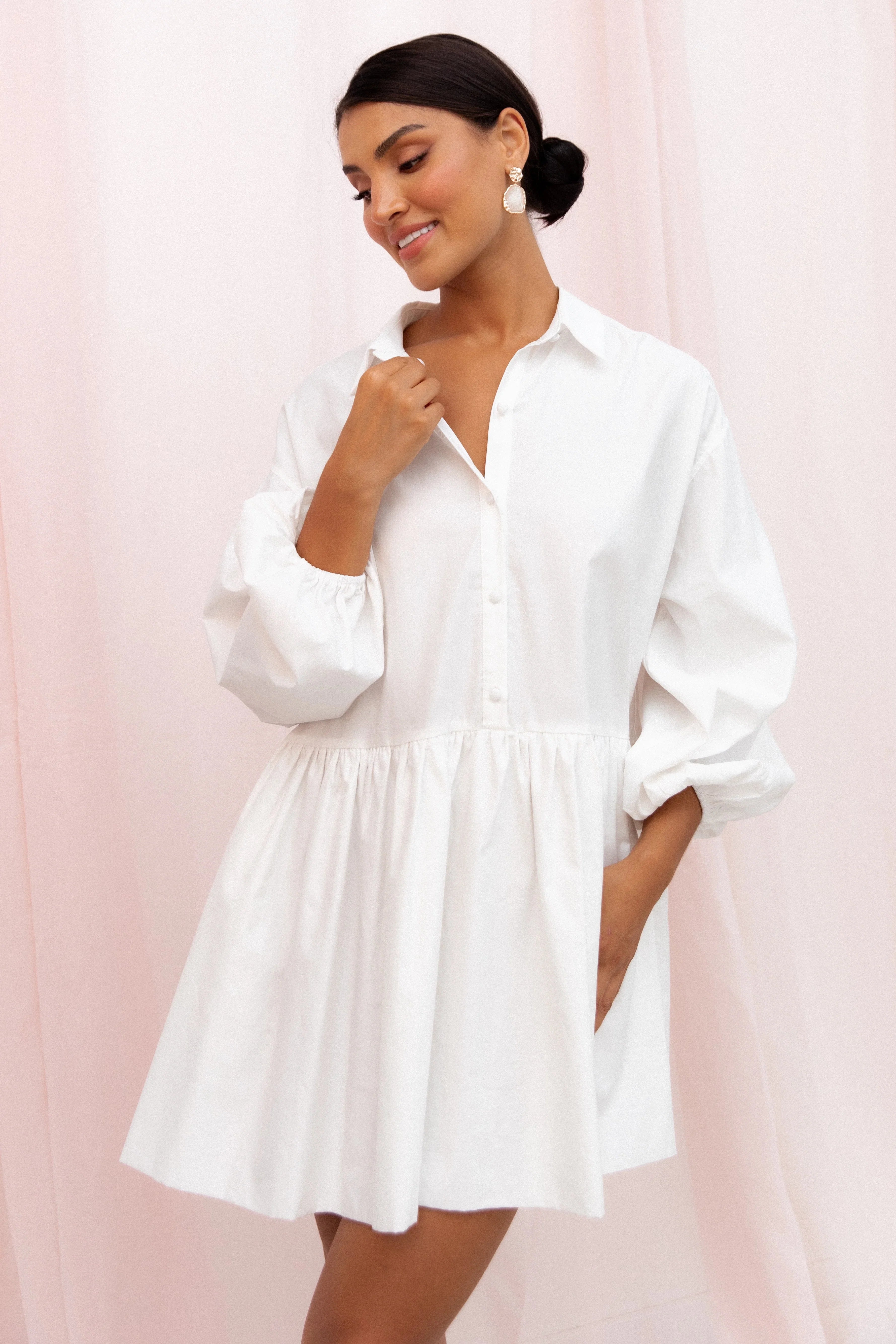 Daisy Long Sleeve Mini Dress White