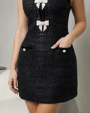 Aveline Rhinestone Tweed Mini Dress Black