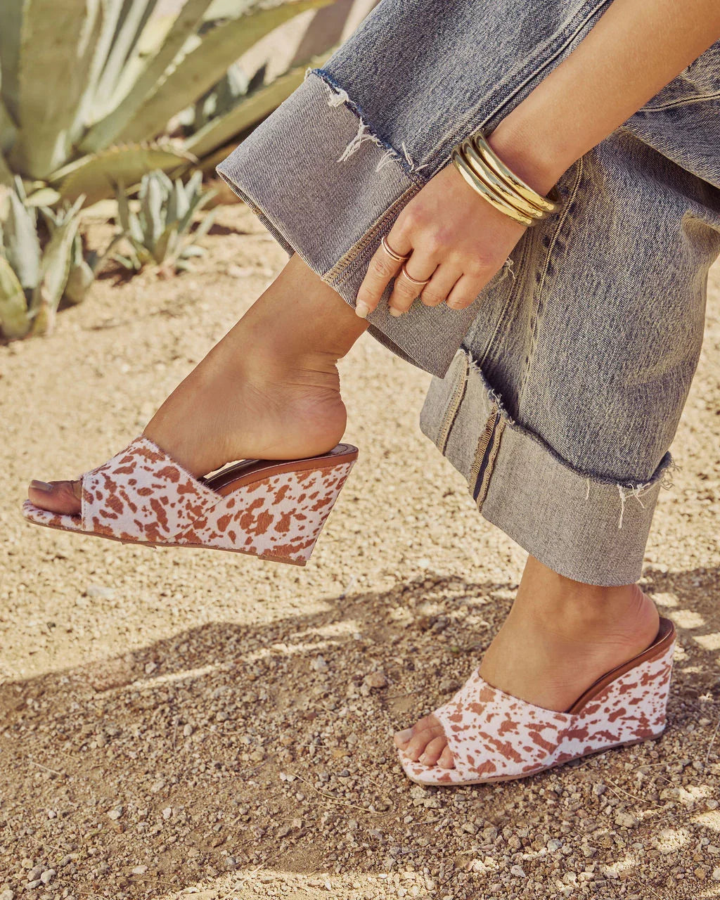 Western Hide Cow Print Wedge Mules