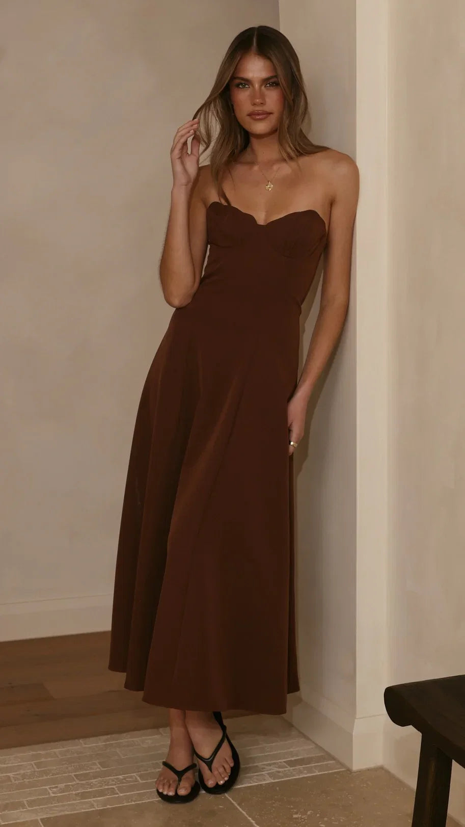 Janessa Strapless Midi Dress Chocolate