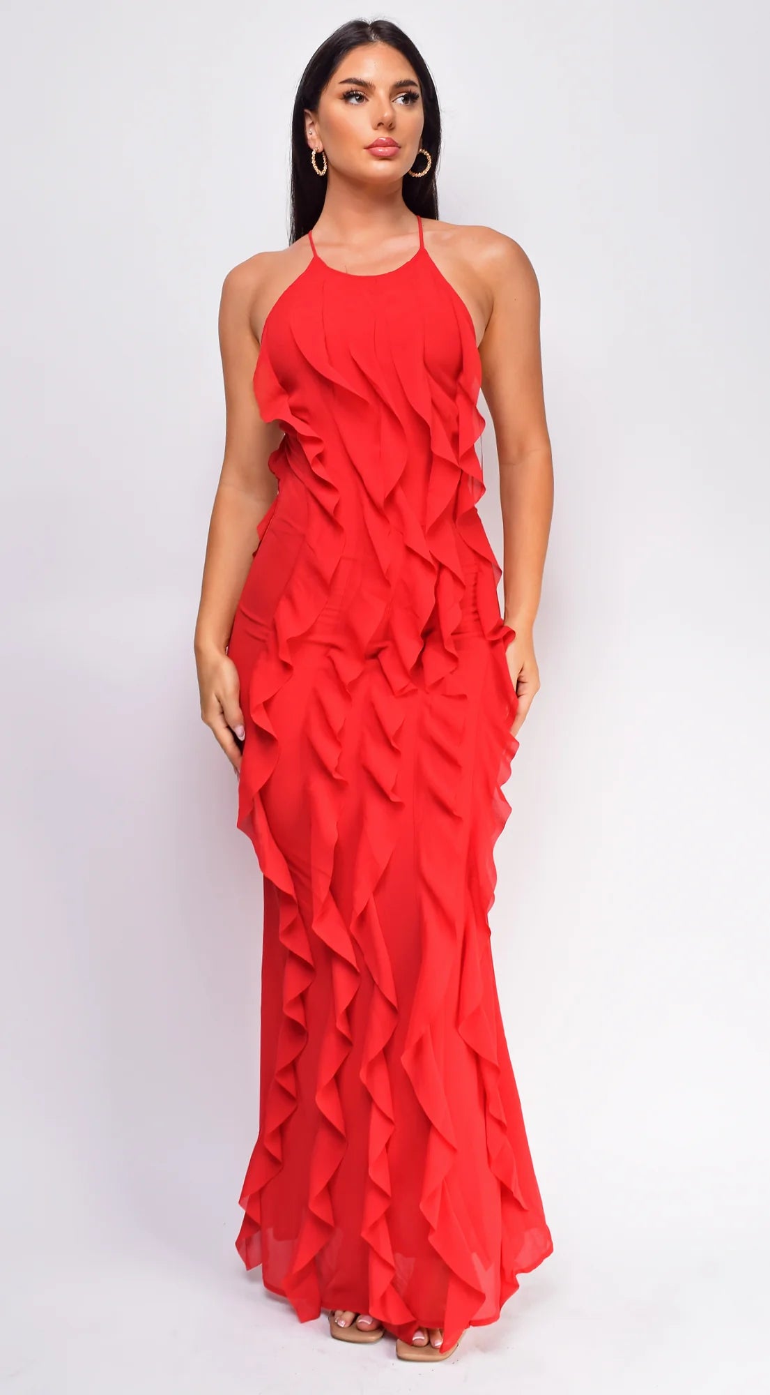 Erma Halter Ruffle Maxi Dress Red