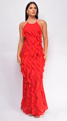 Erma Halter Ruffle Maxi Dress Red