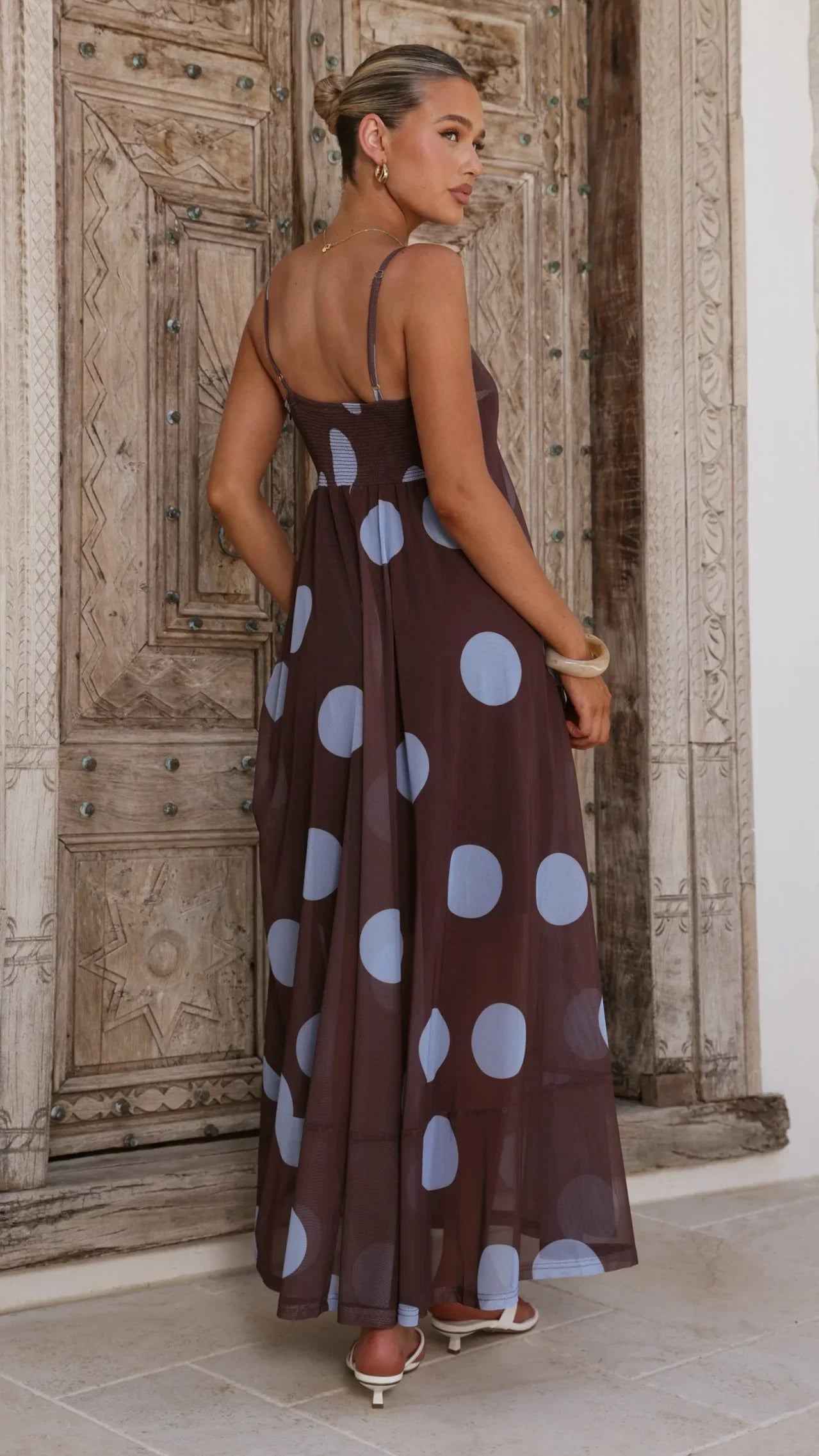 Melinda Mesh Maxi Dress Brown Blue Polka Dot