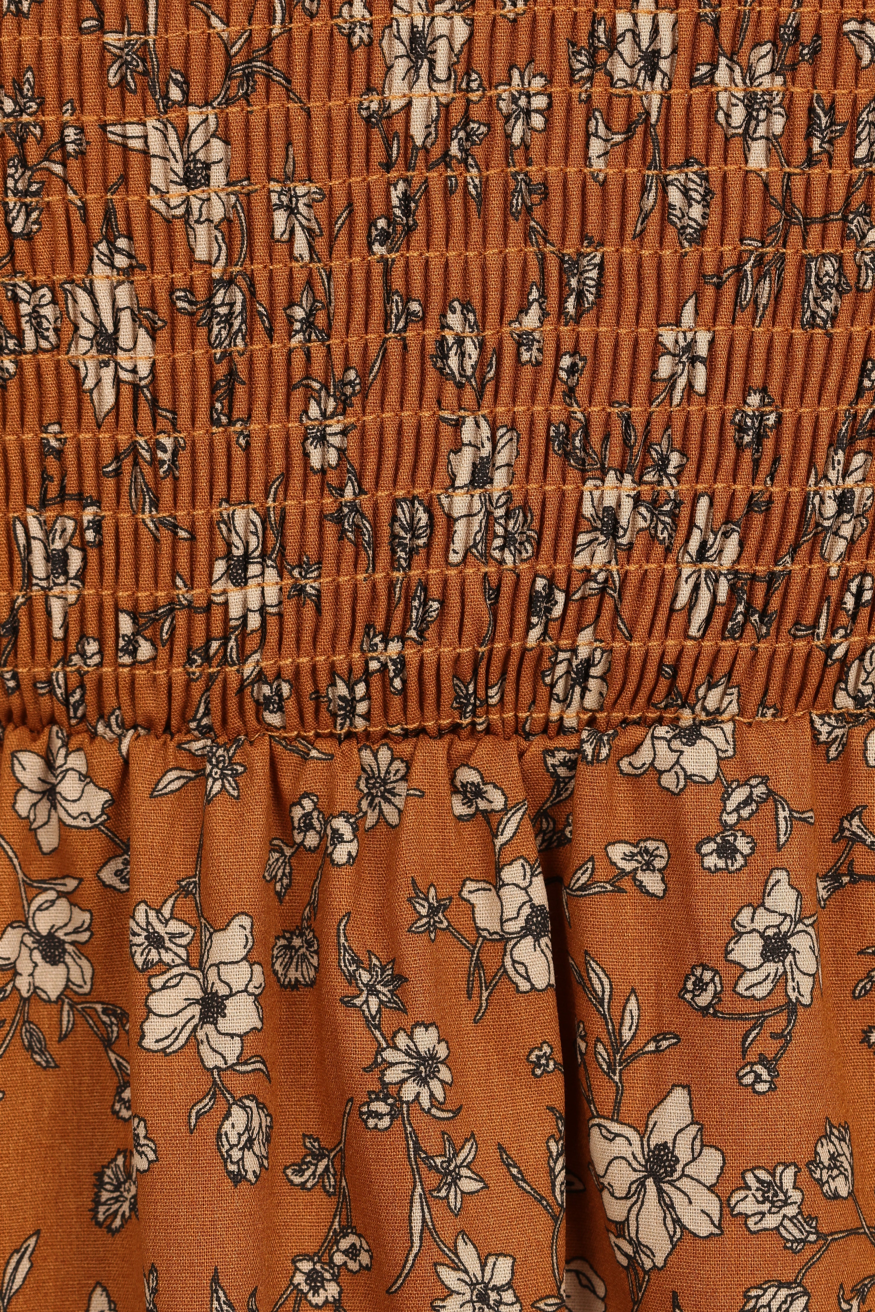Naura Shirred Tiered Midi Dress Cognac Floral