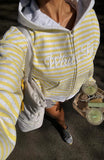 Verano Sixteen Maria Boxy Zip Front Hoodie Grey Marle Lemon Stripe