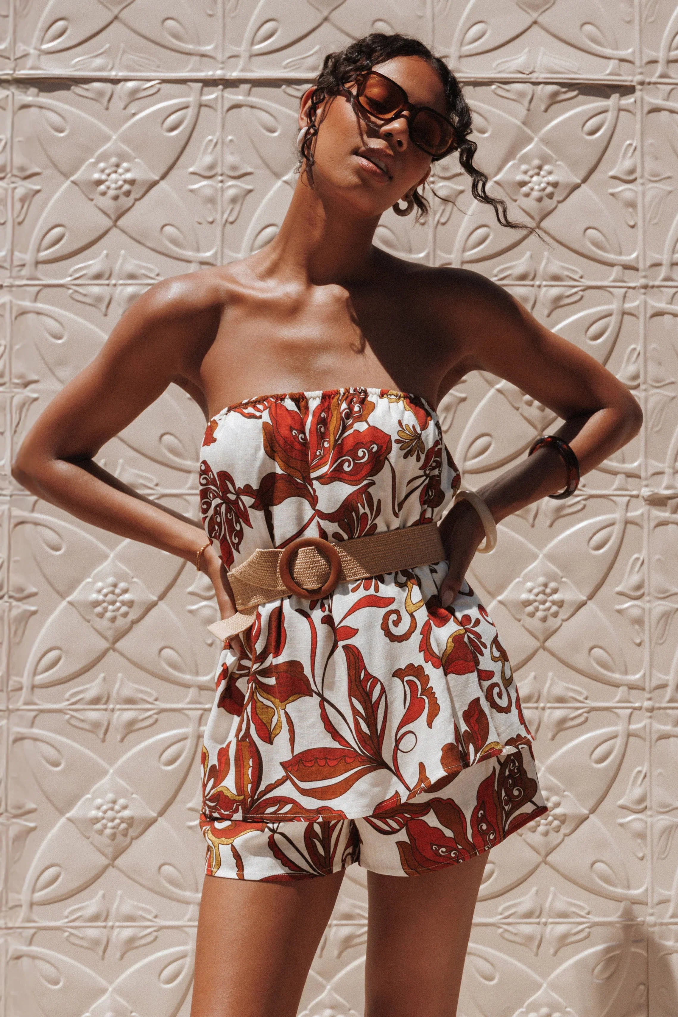 Sallie Strapless Romper Brown Floral