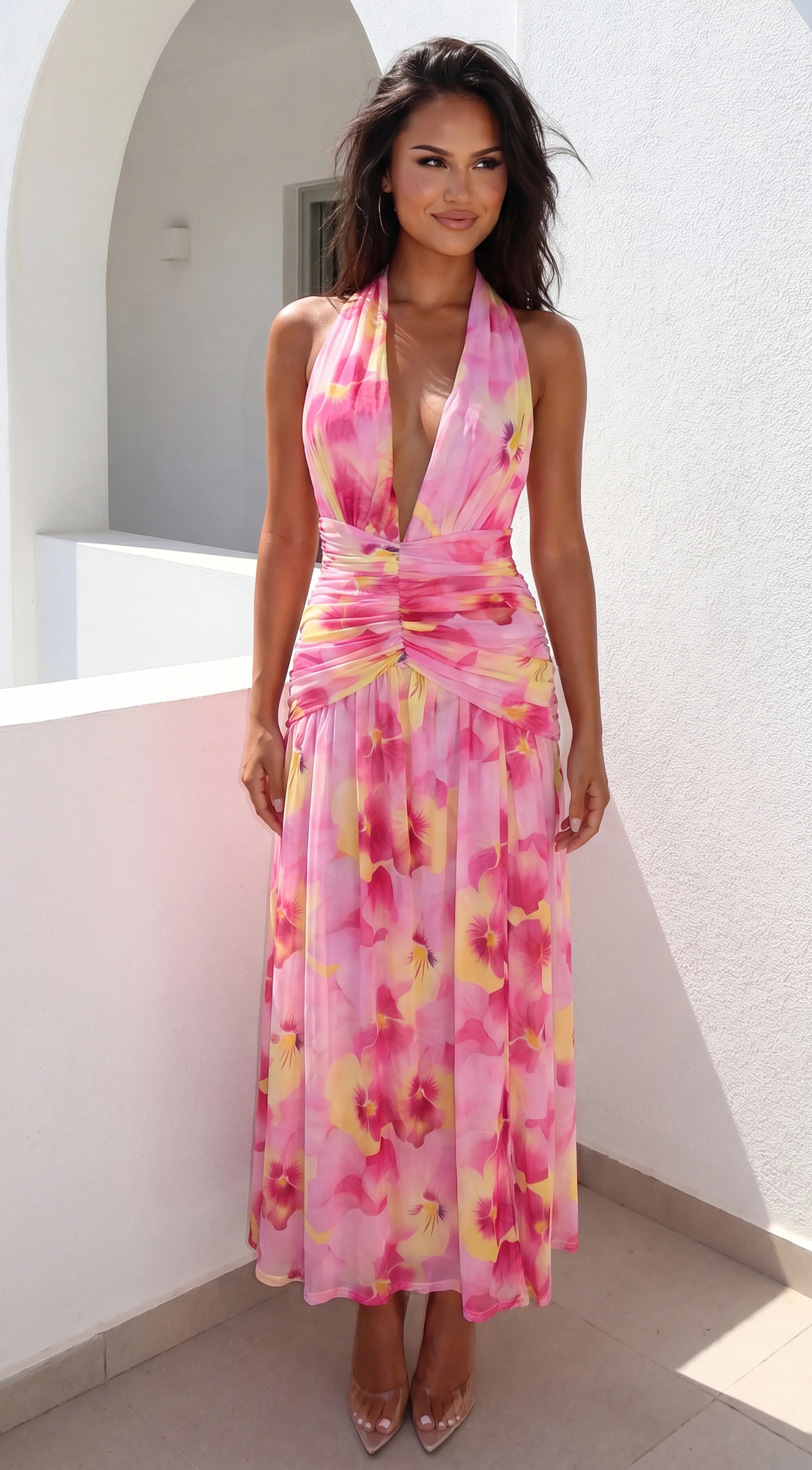 Floret Floral Print Maxi Dress Pink Multi