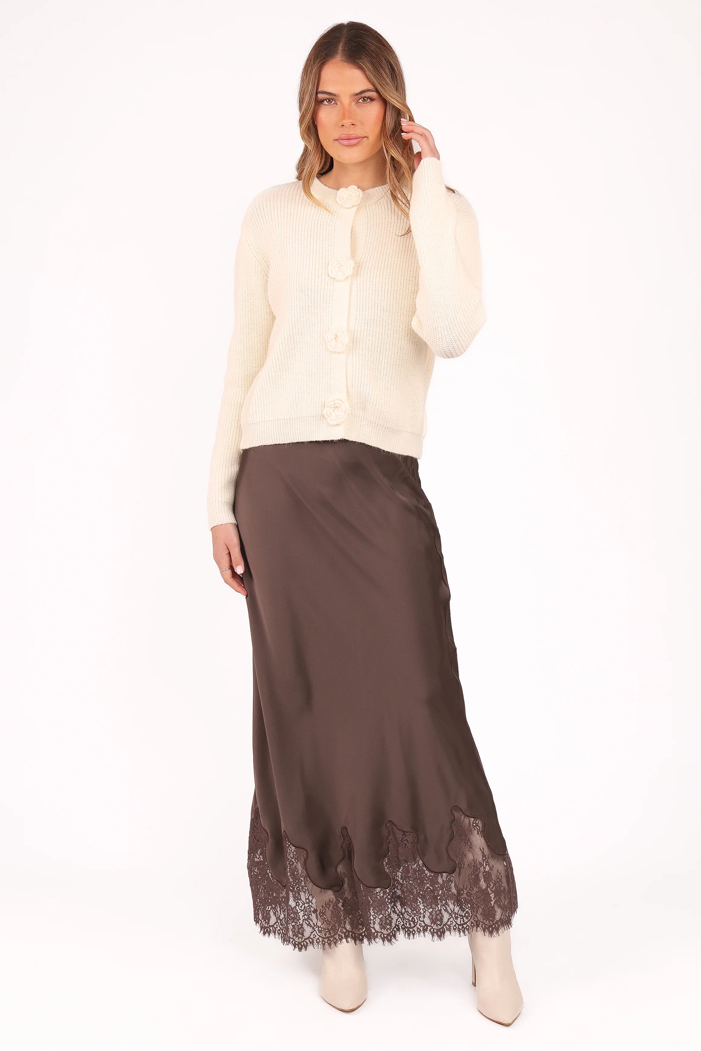 Alira Lace Trim Midi Skirt Brown