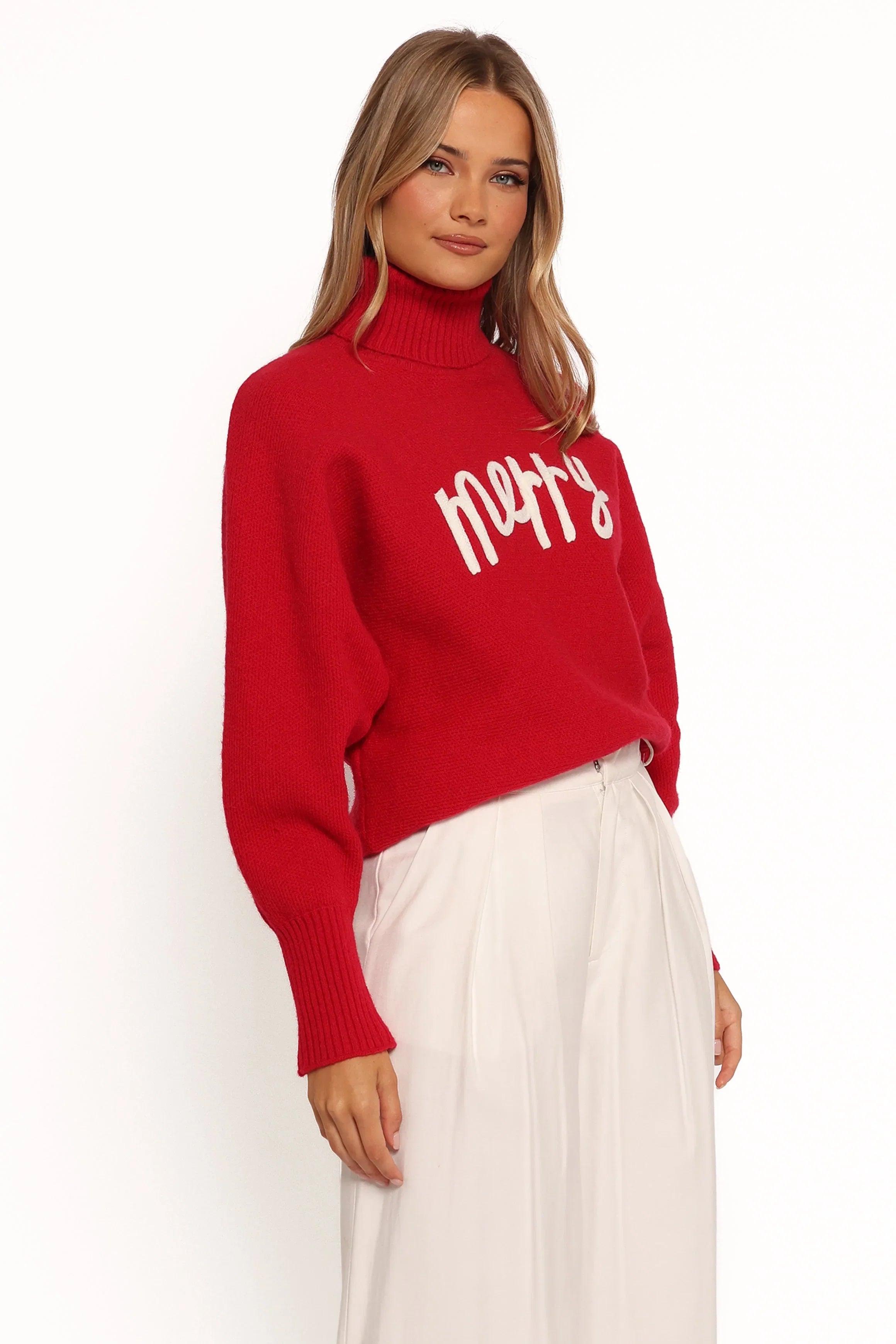 Merry Turtleneck Knit Sweater Red White