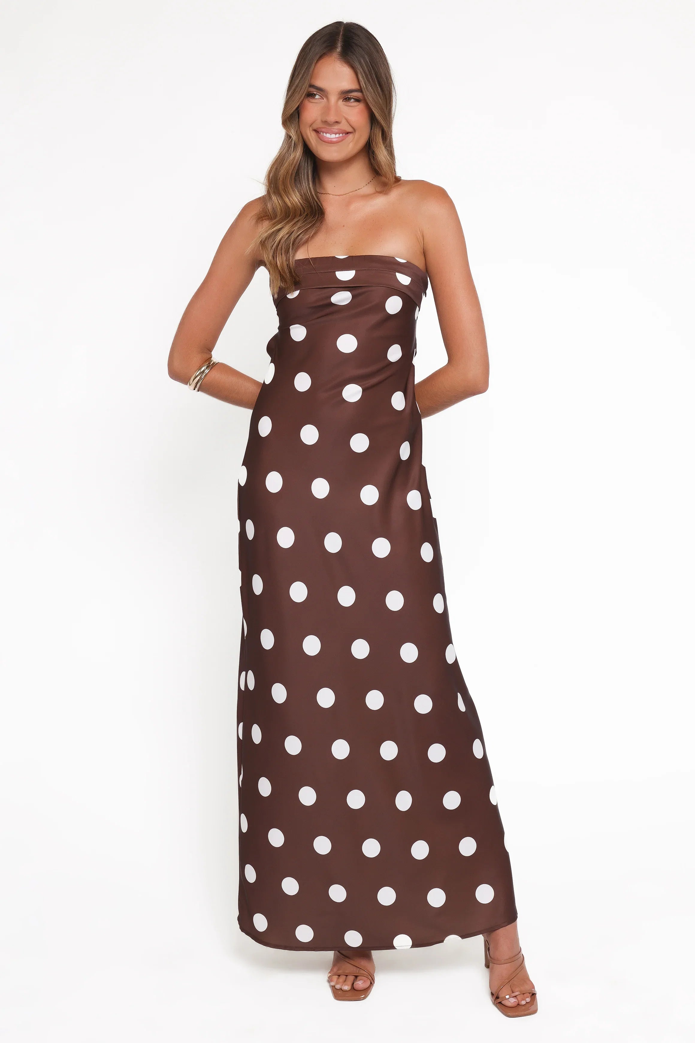Remmie Strapless Maxi Dress Brown Polka Dot