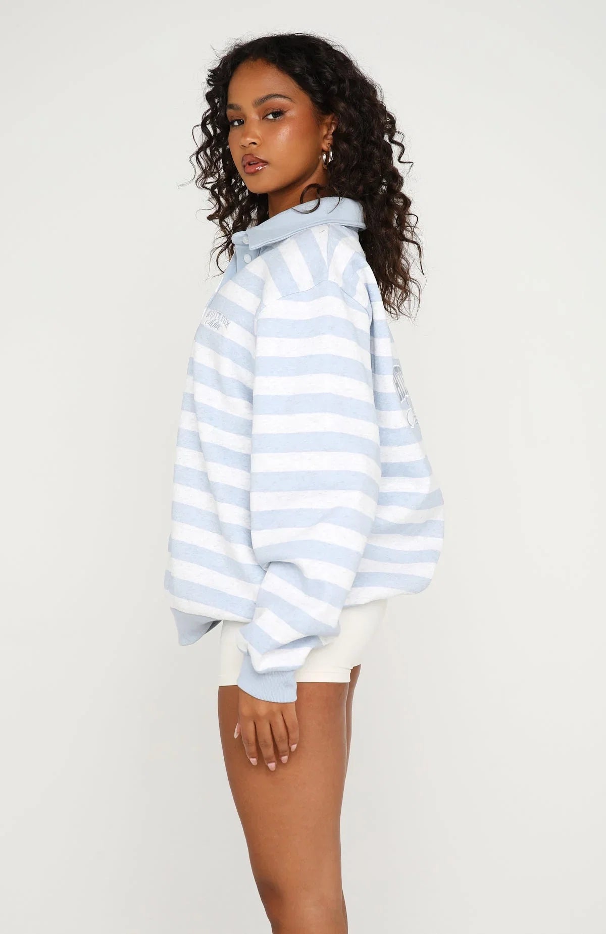 Best Influence Oversized Henley Sweater Grey Marle Blue Stripe
