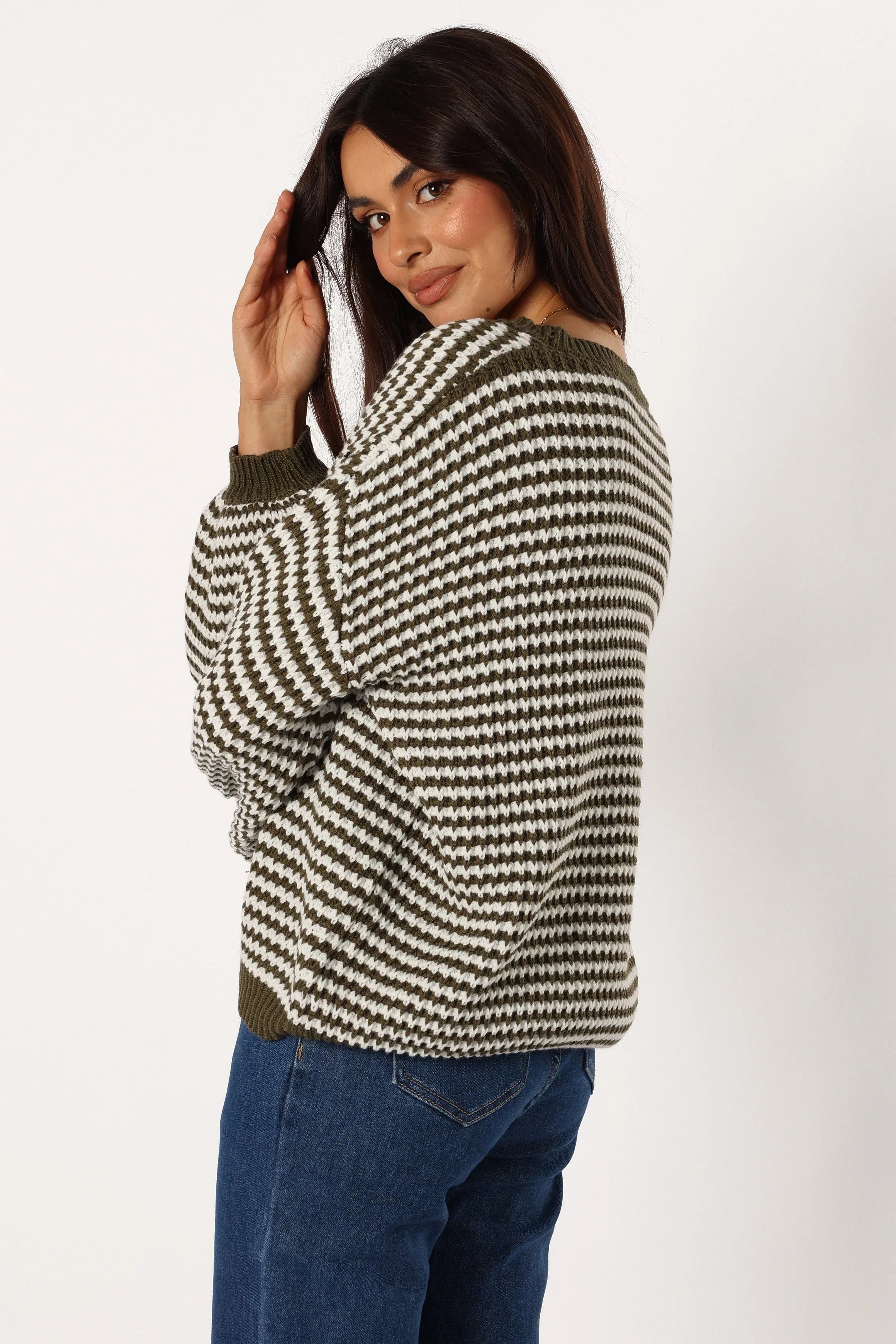 Becca Crewneck Waffle Stitch Stripe Knit Sweater Olive