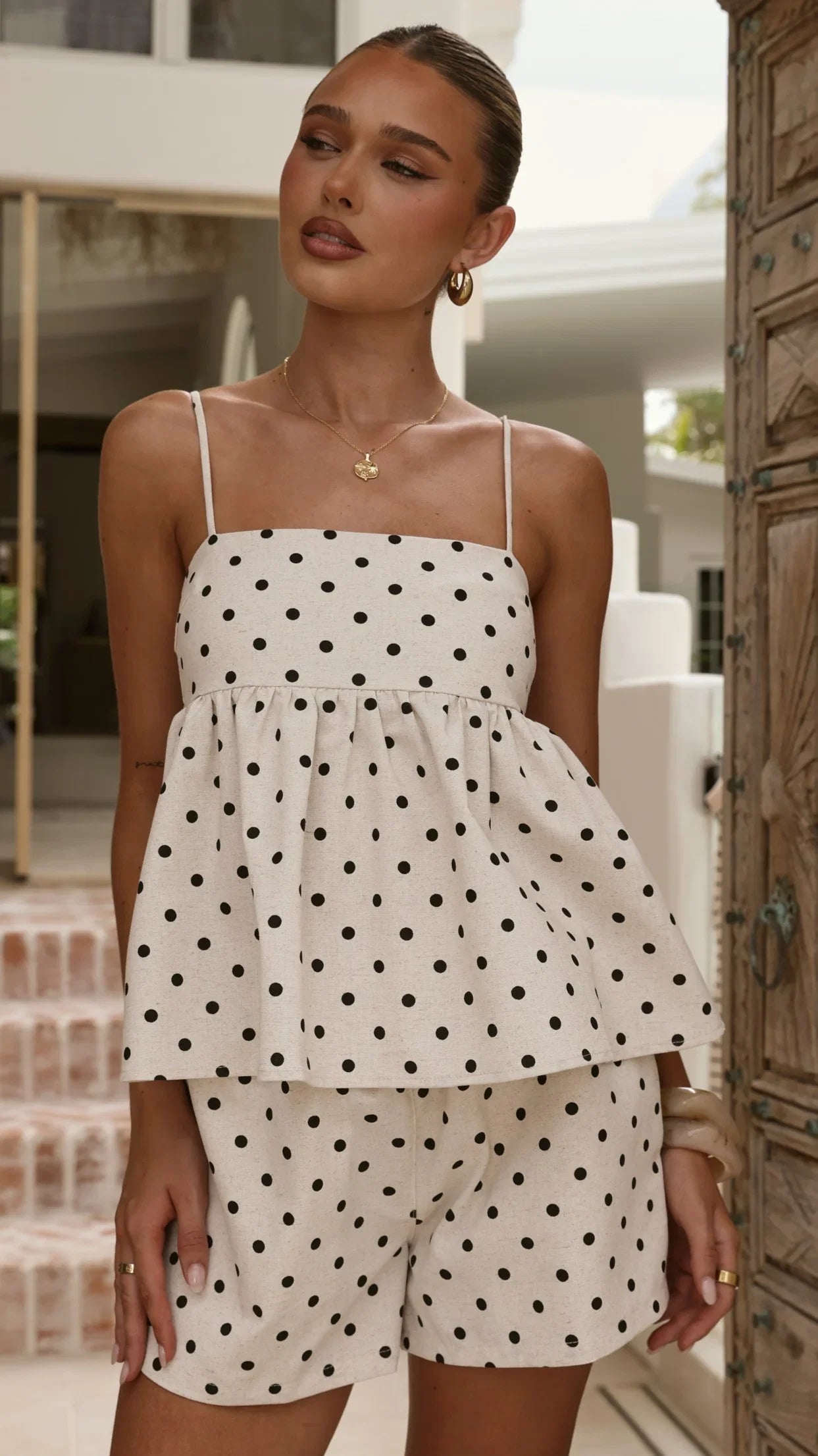 Vika Shorts Beige Black Polka Dot