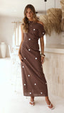 Aurra Off Shoulder Maxi Dress Brown White Polka