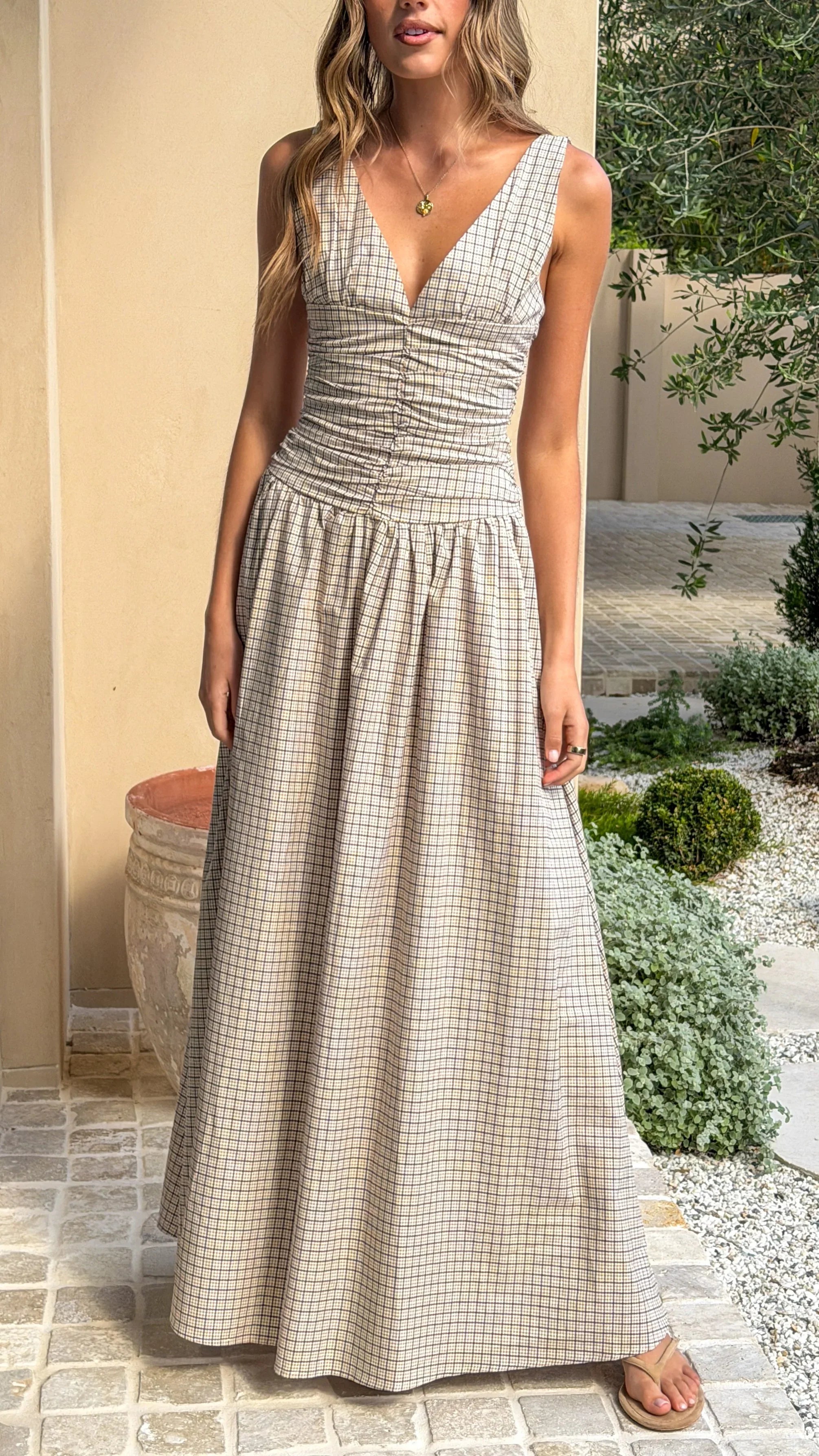 Sanya Maxi Dress Beige Check
