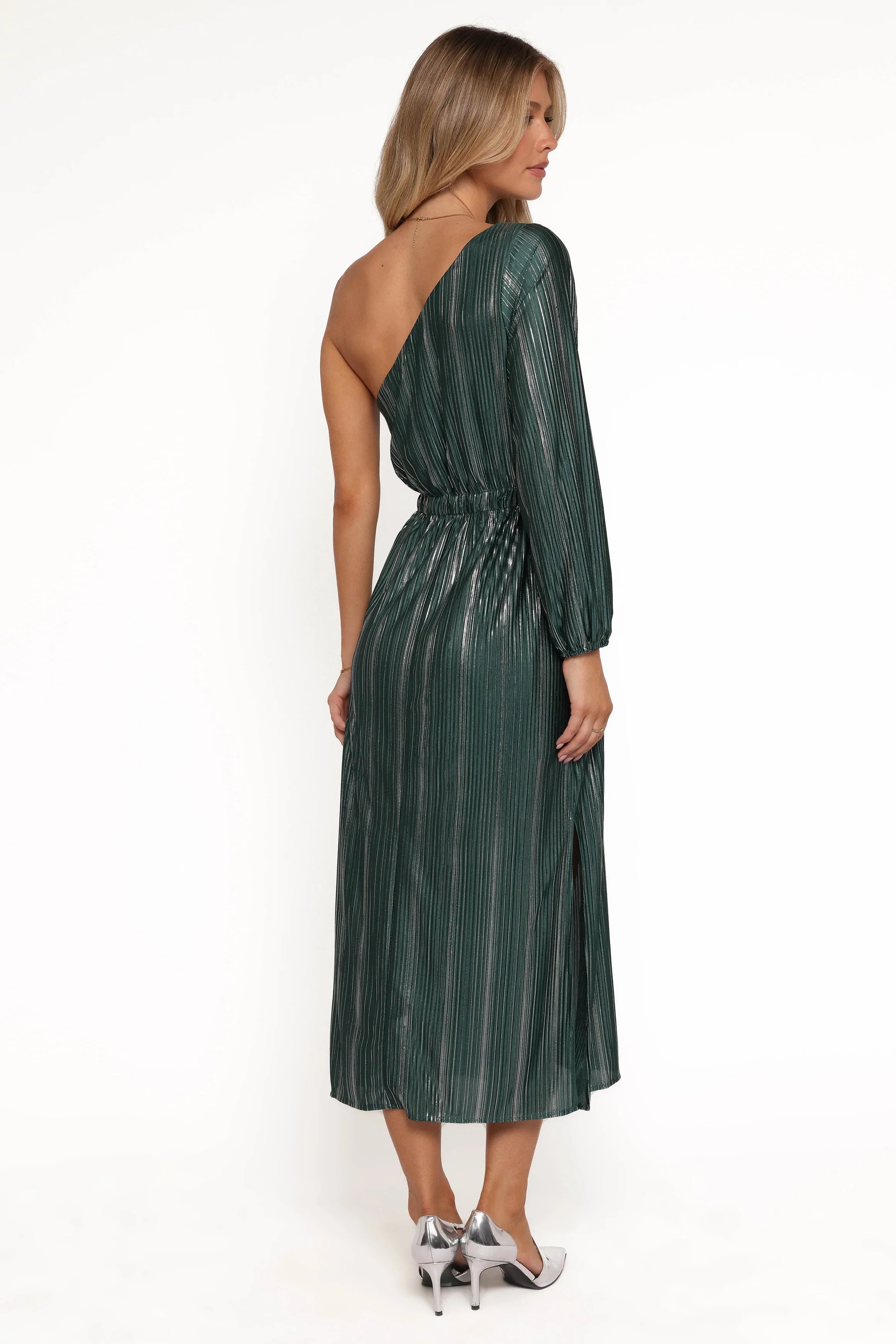 Pontee One Shoulder Pleated Midi Dress Green