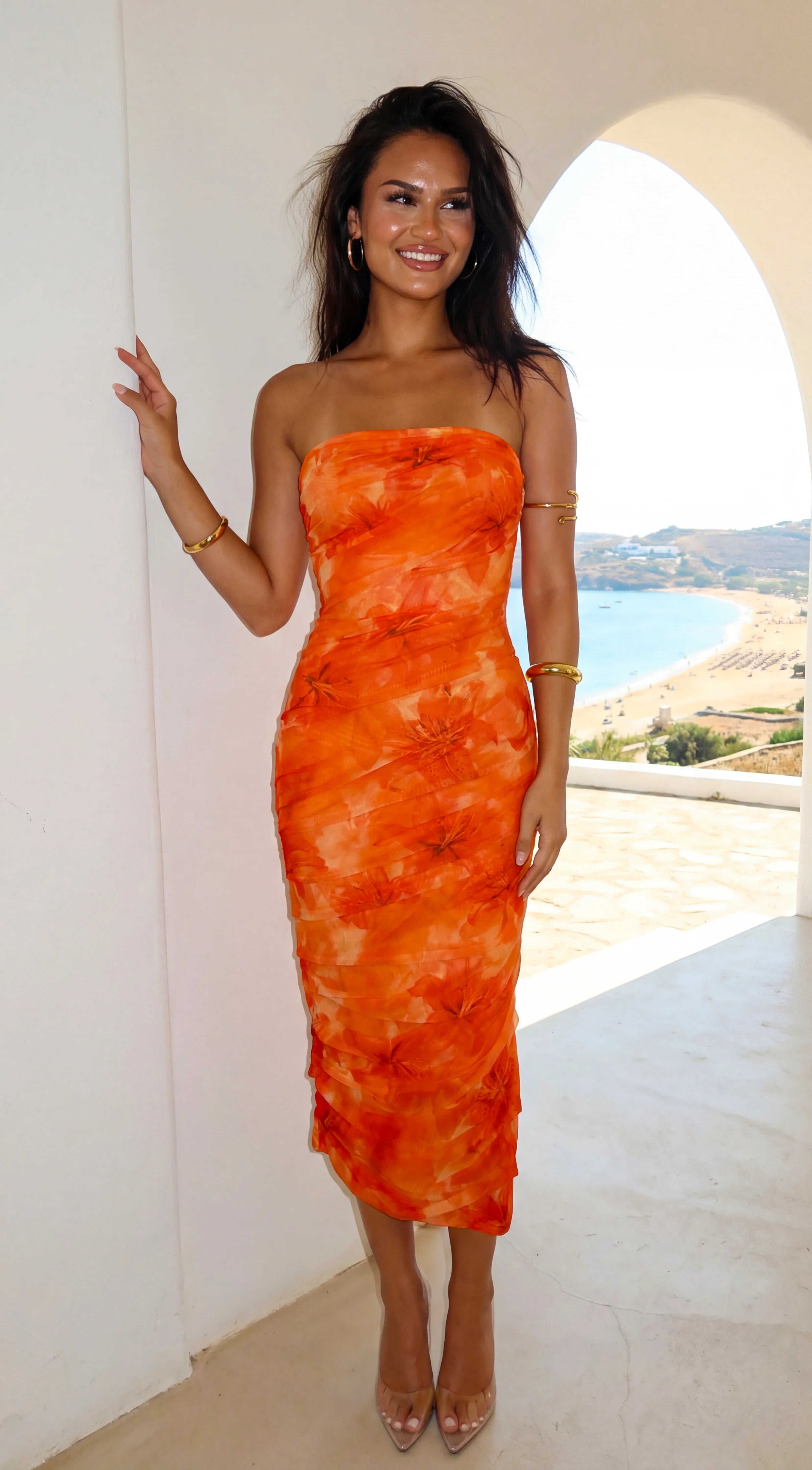 Pyralia Floral Ruched Tube Midi Dress Orange