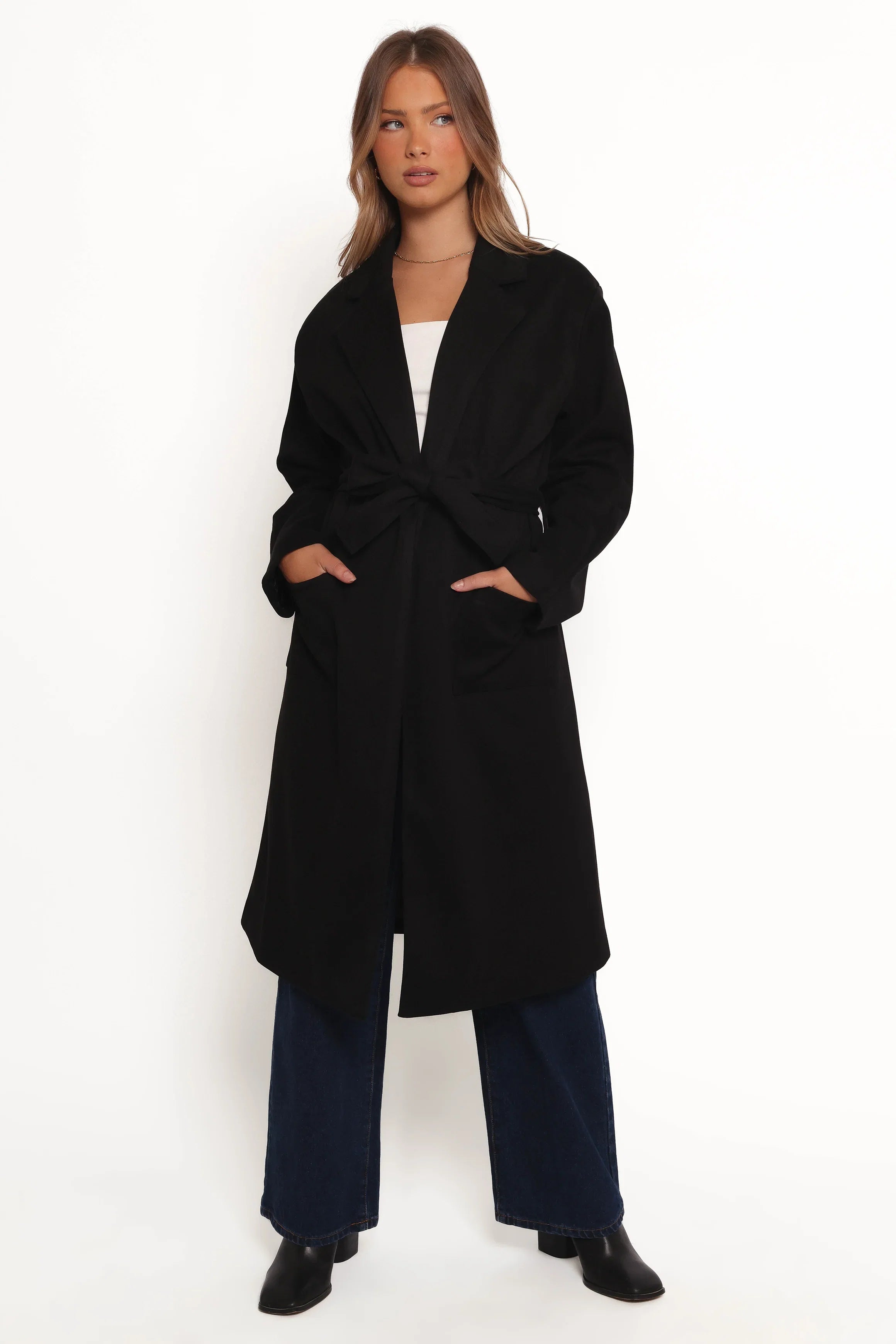 Kloss Tie Front Long Coat Black