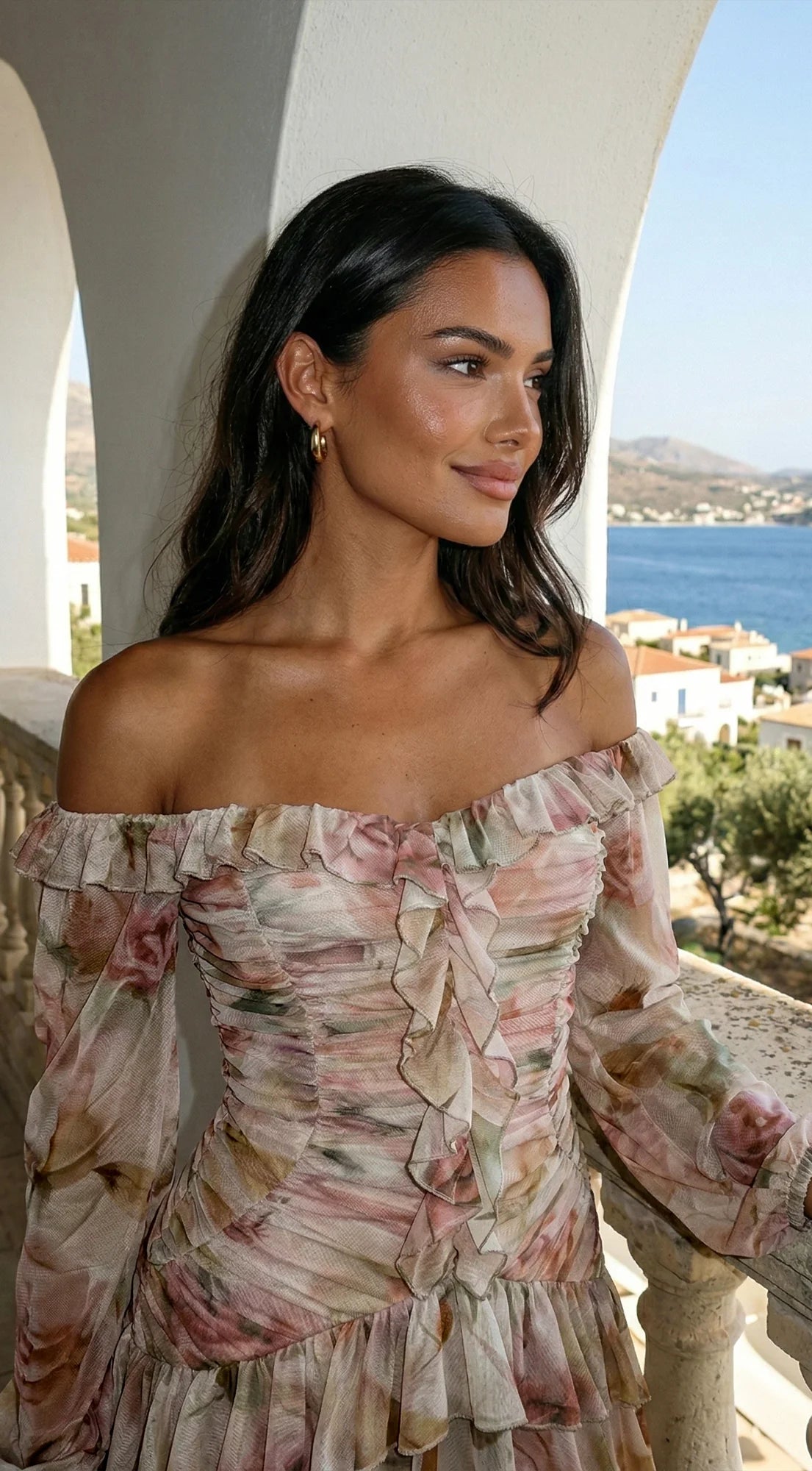 Sorrento Garden Floral Off Shoulder Ruffle Mini Dress Beige Multi