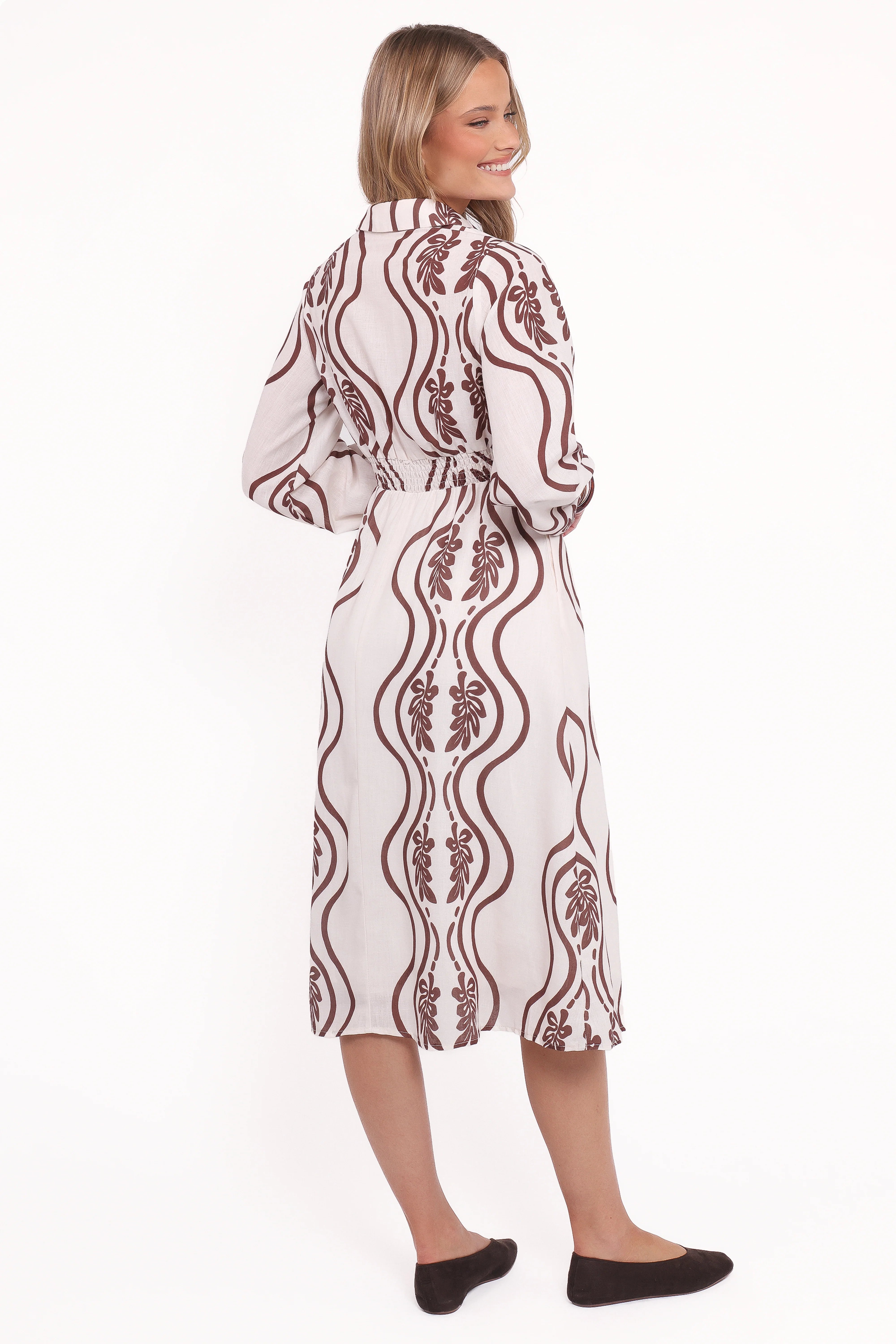 Lira Long Sleeve Midi Dress Brown Print