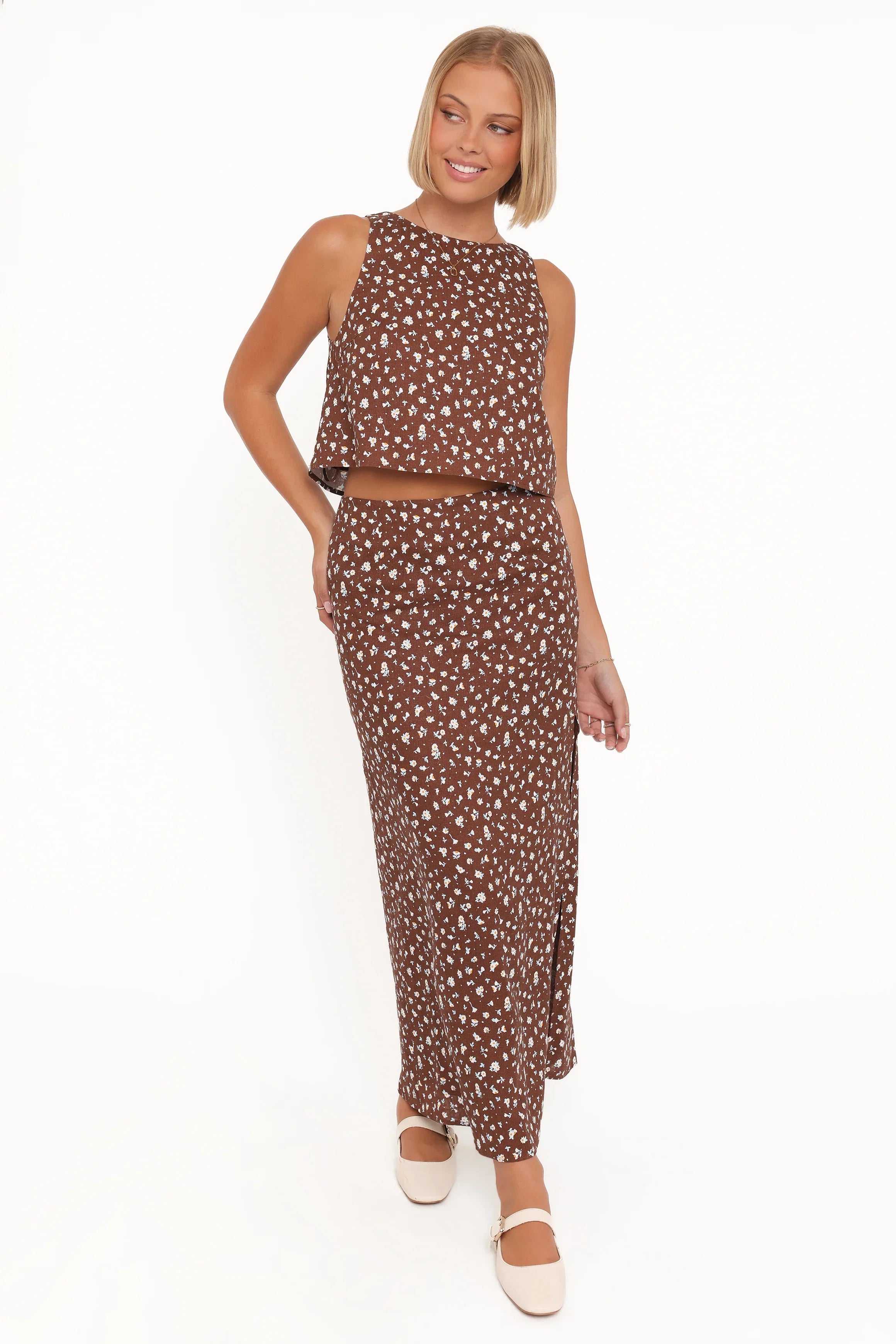 Madison Linen Column Skirt Brown Floral
