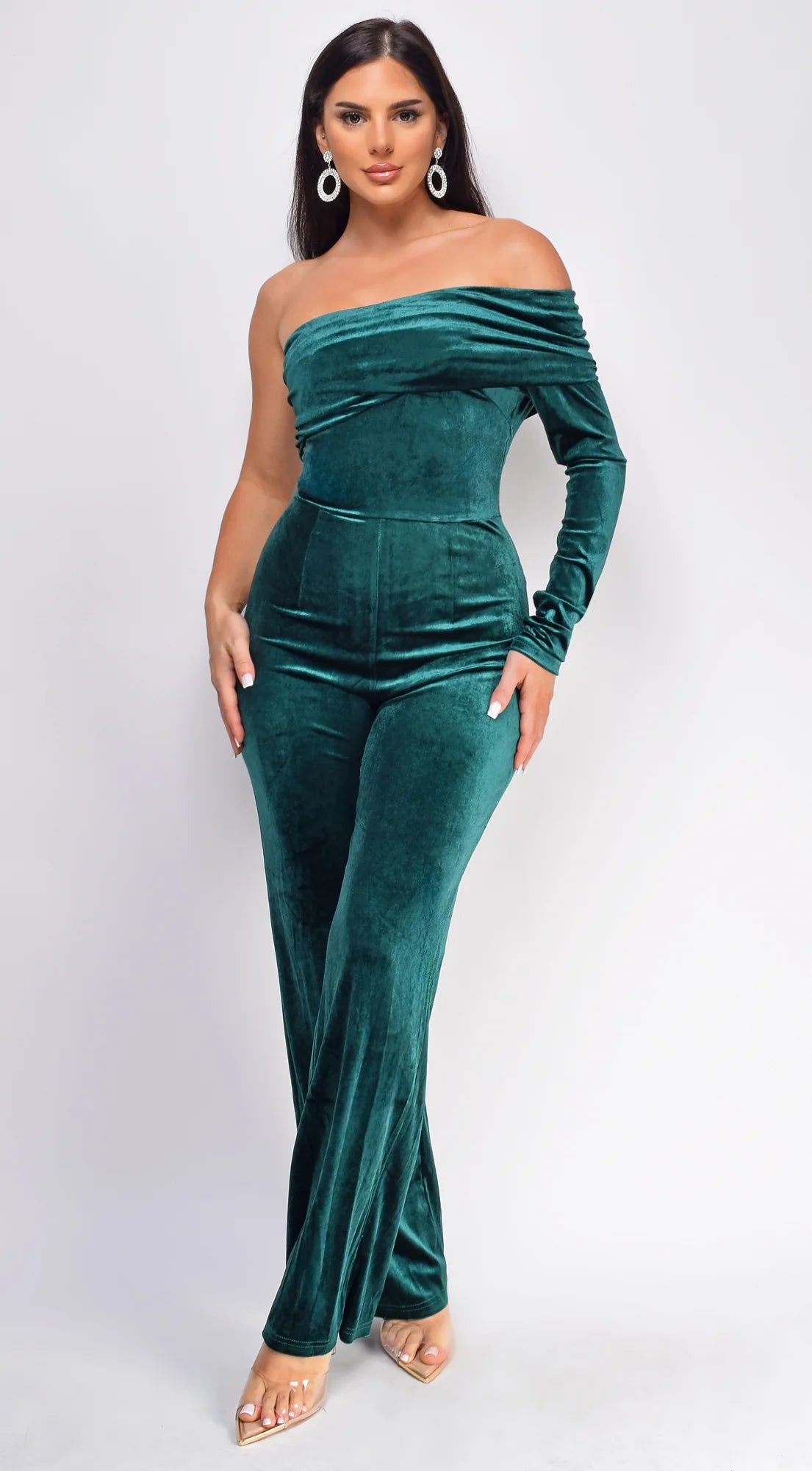 Nightfall One Shoulder Velvet Jumpsuit Green