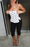 More Power Strapless Denim Top White Black Polka Dot