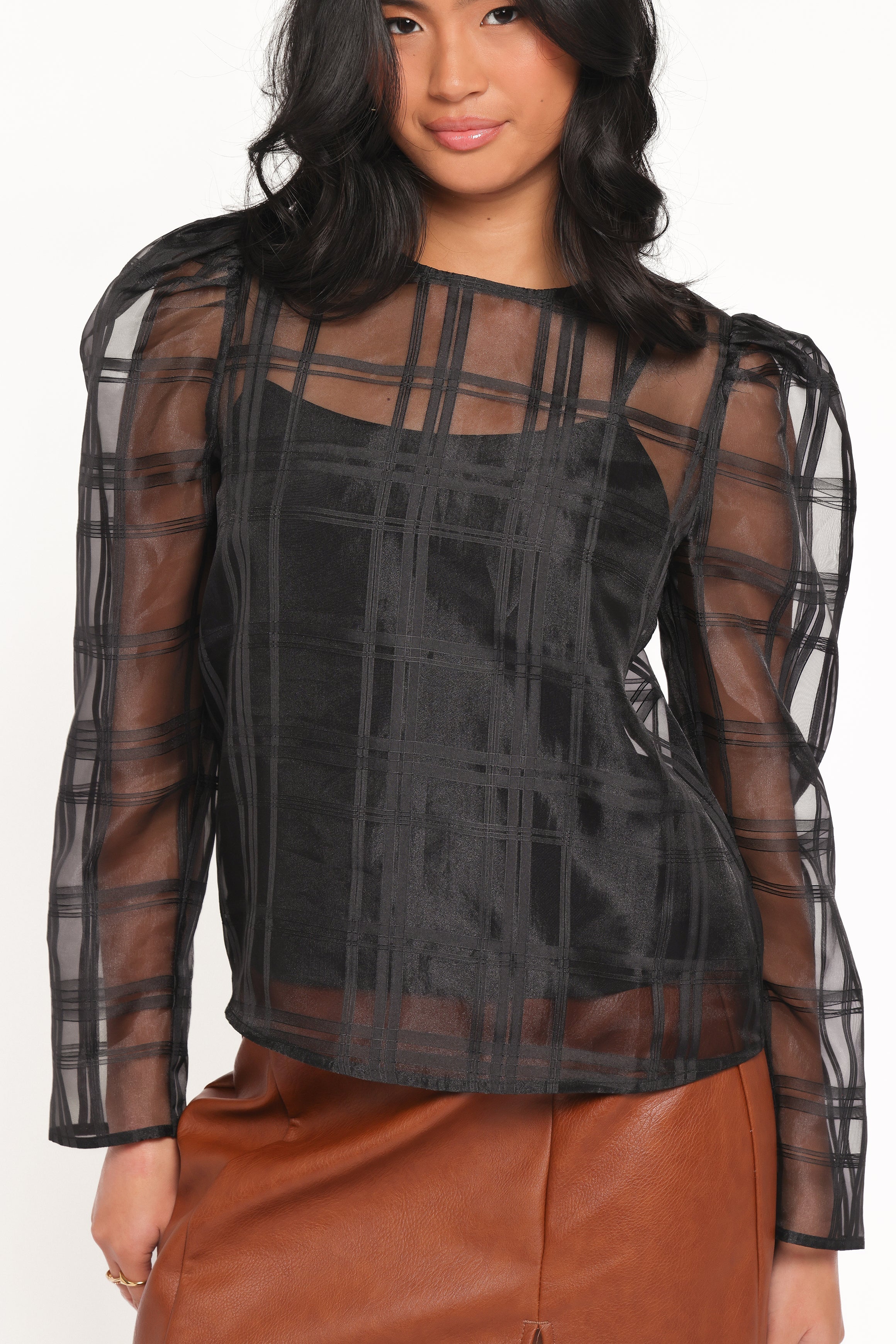 Peony Long Sleeve Sheer Top with Cami Black
