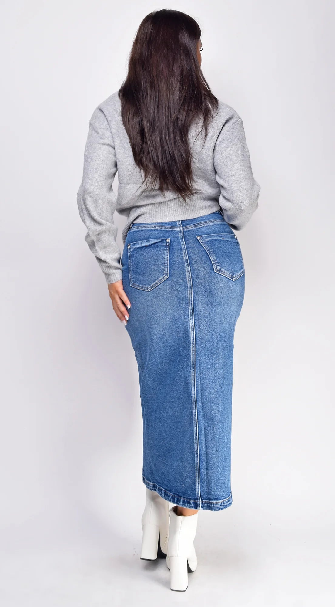 Tulli Blue Medium Wash Midi Denim Skirt