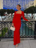Long Sleeve Square Neck Bodycon Maxi Dress