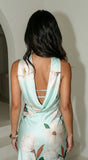 Elysira Reverse Halter Floral Satin Maxi Dress Mint Blue