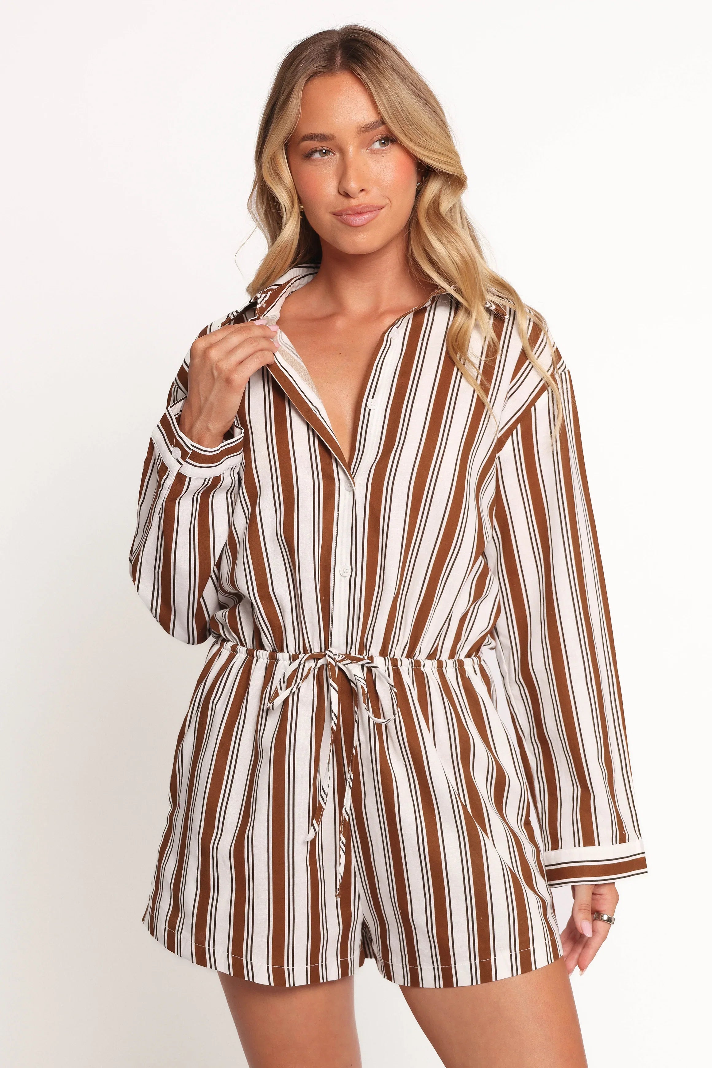 Beau Long Sleeve Romper Chocolate Stripe