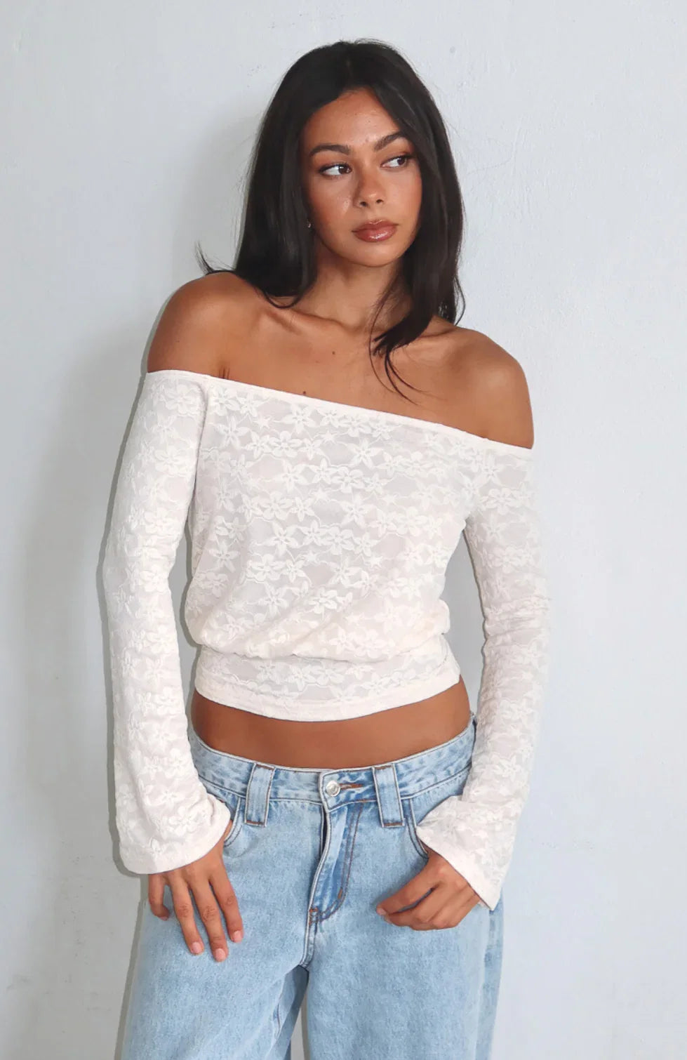 Dancing In The Rain Off Shoulder Long Sleeve Top Cream