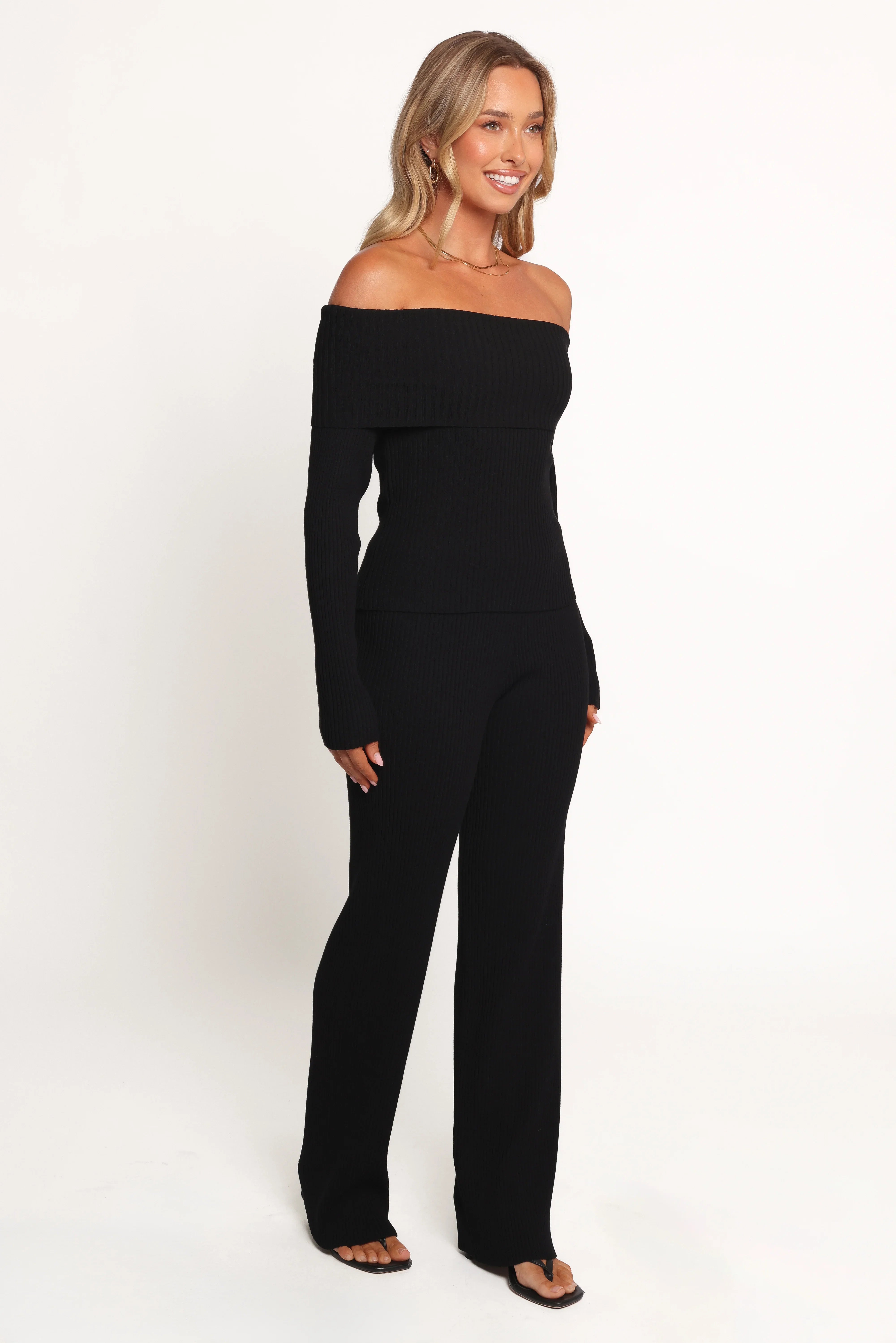 Gindie Ribbed Knit Off The Shoulder Pant Set Black