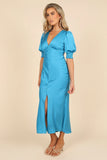 Juniper Puff Sleeve Buttoned Midi Dress Blue