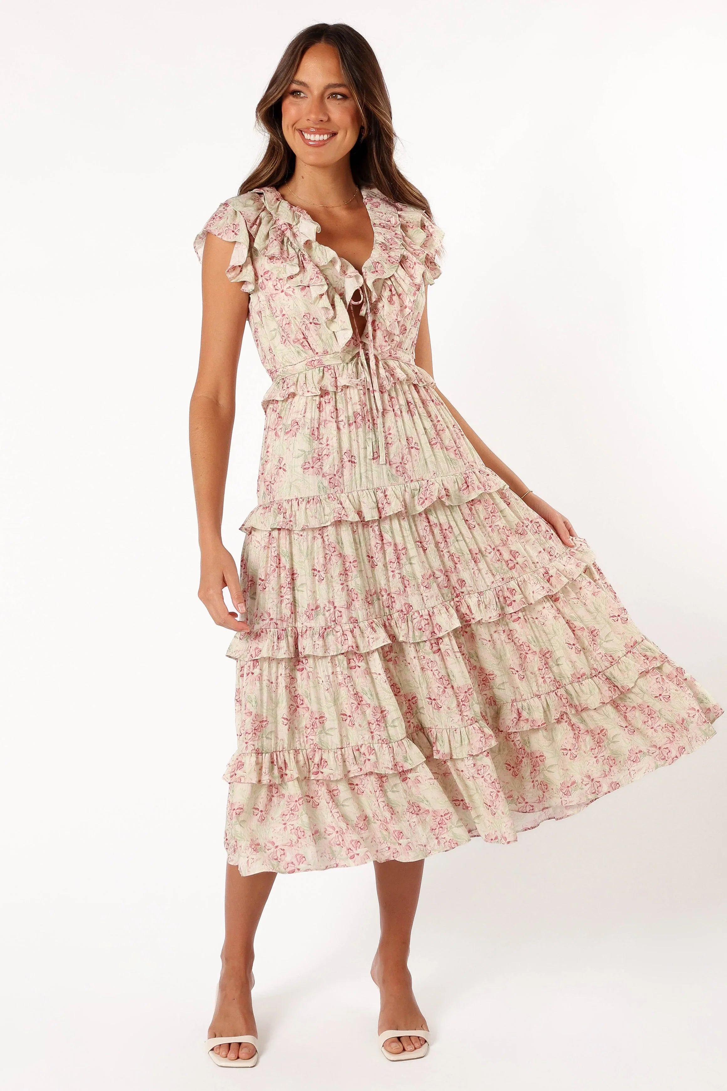 Levelle Midi Ruffle Dress Ivory Red Green Floral