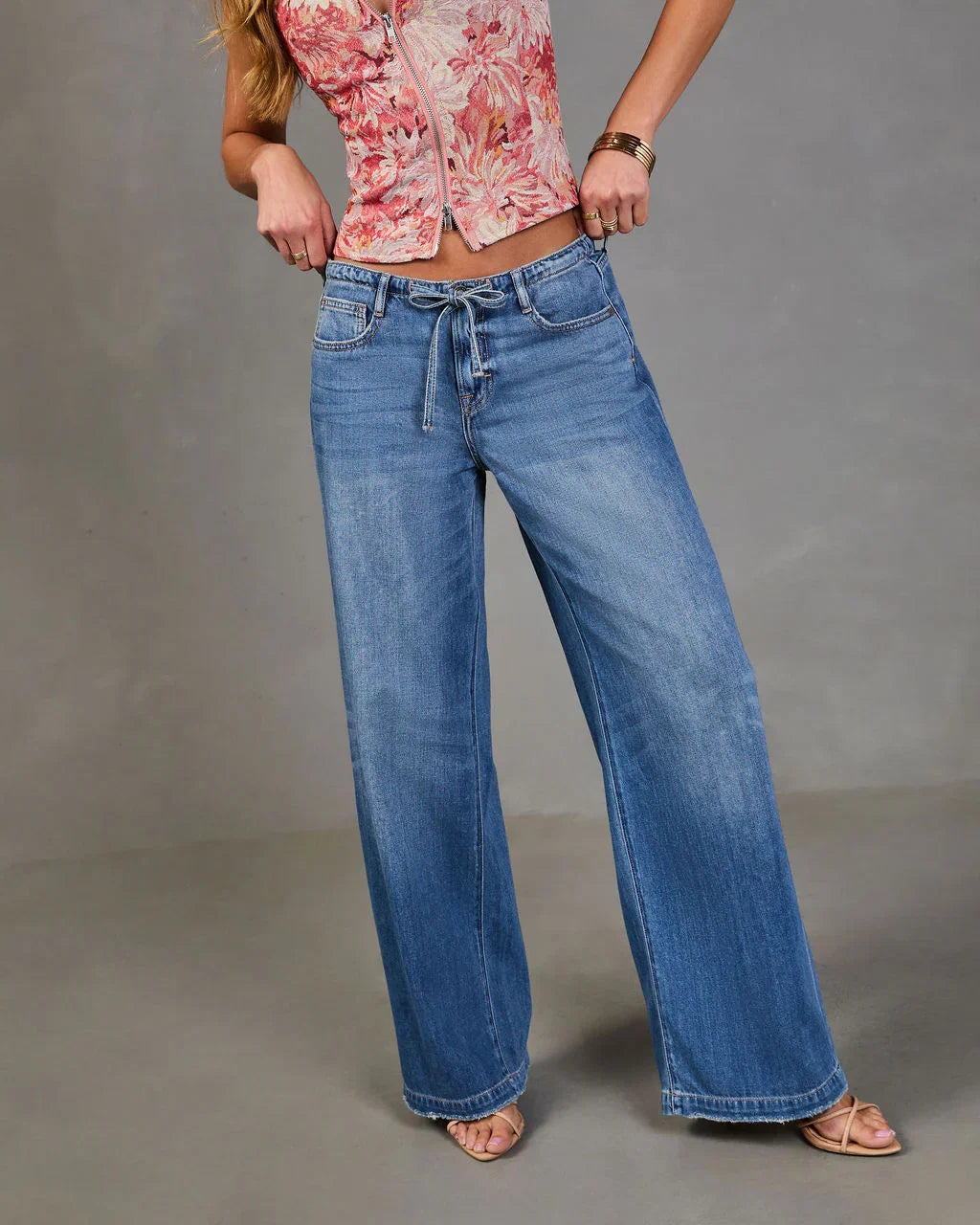 Nolae Rigid Wide Leg Low Rise Drawstring Waist Jeans