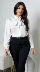 Mariah Neck Tie Satin Button Down Shirring Blouse Off White